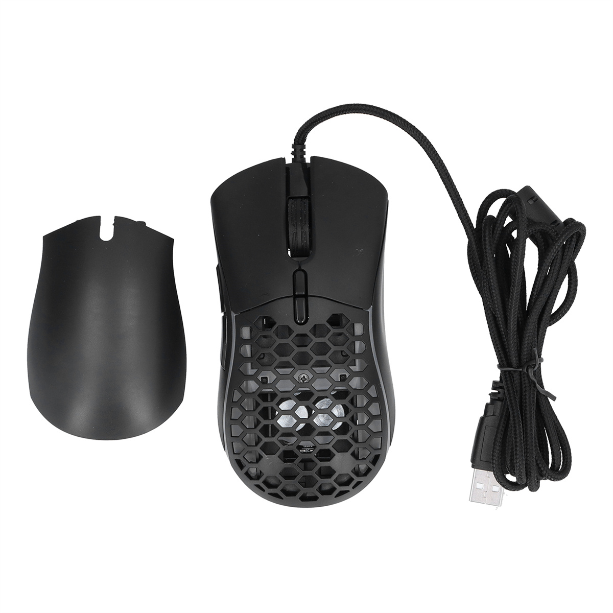 Eine schwarze Gaming-Maus mit Wabenmuster und separatem Seitenteil.