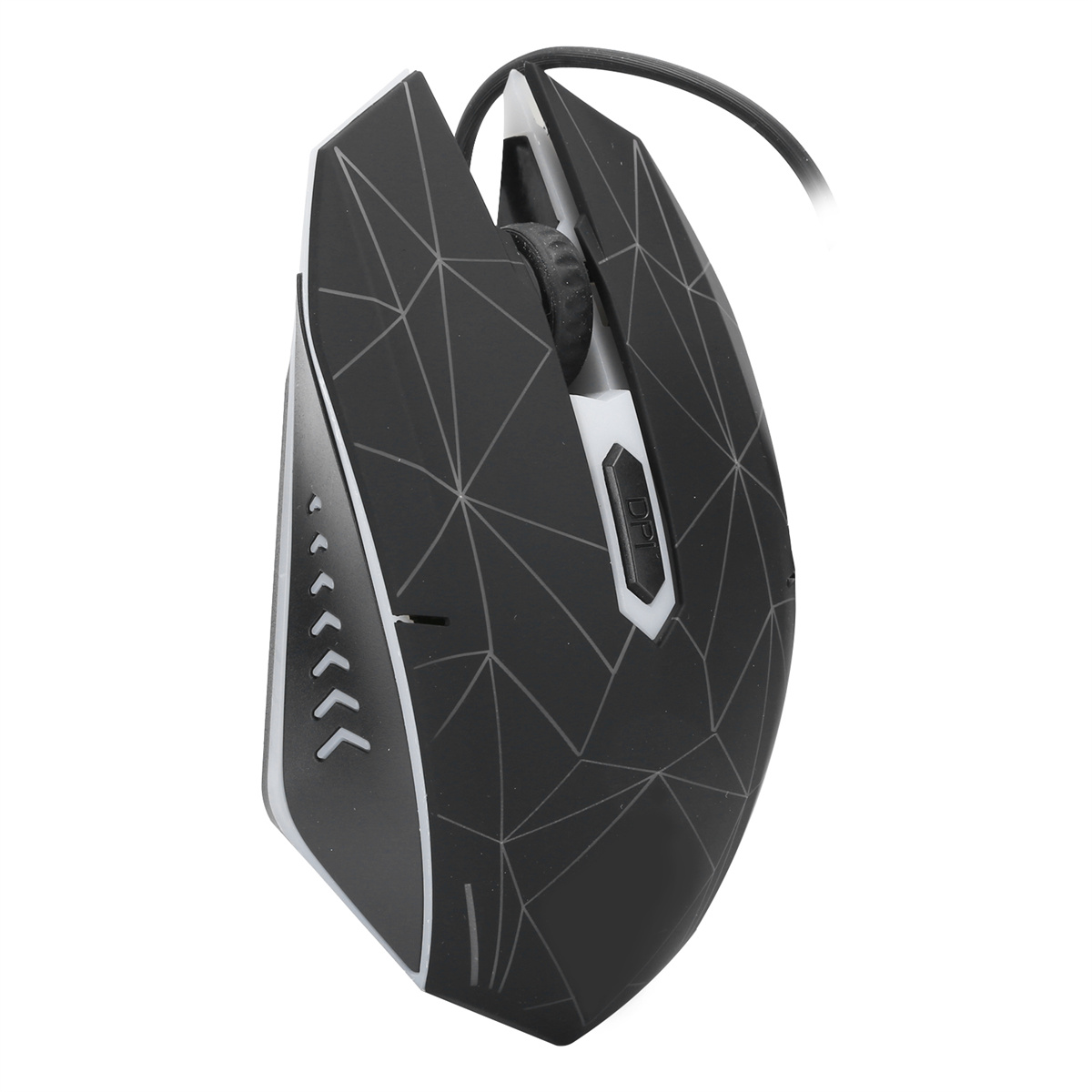 Schwarz-weiße Gaming-Maus mit geometrischen Mustern, Seitentasten und Kabel.