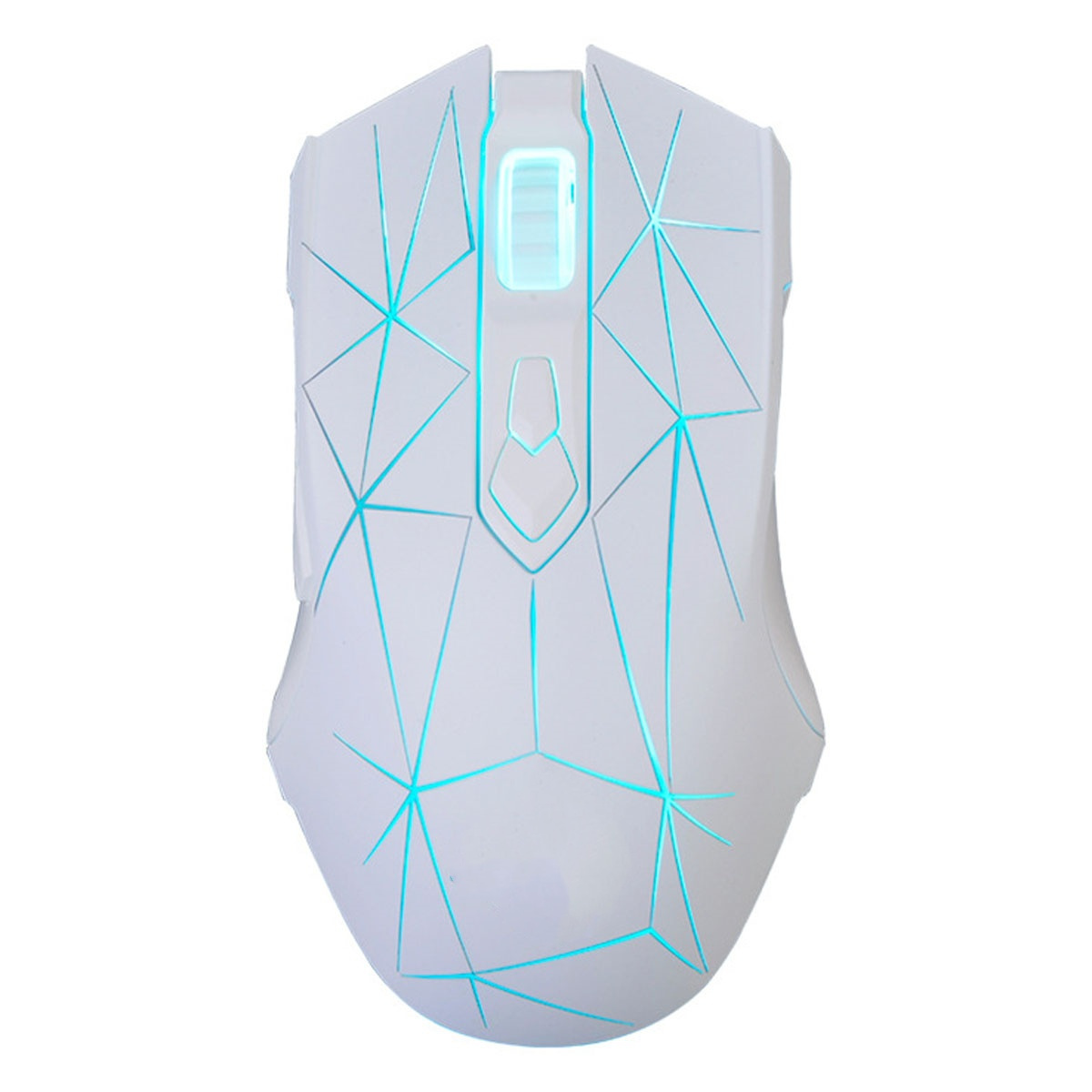 Weiße Gaming-Maus. Weiß mit blauen Dreiecksmustern. Hat ein blaues Licht in der Mitte.