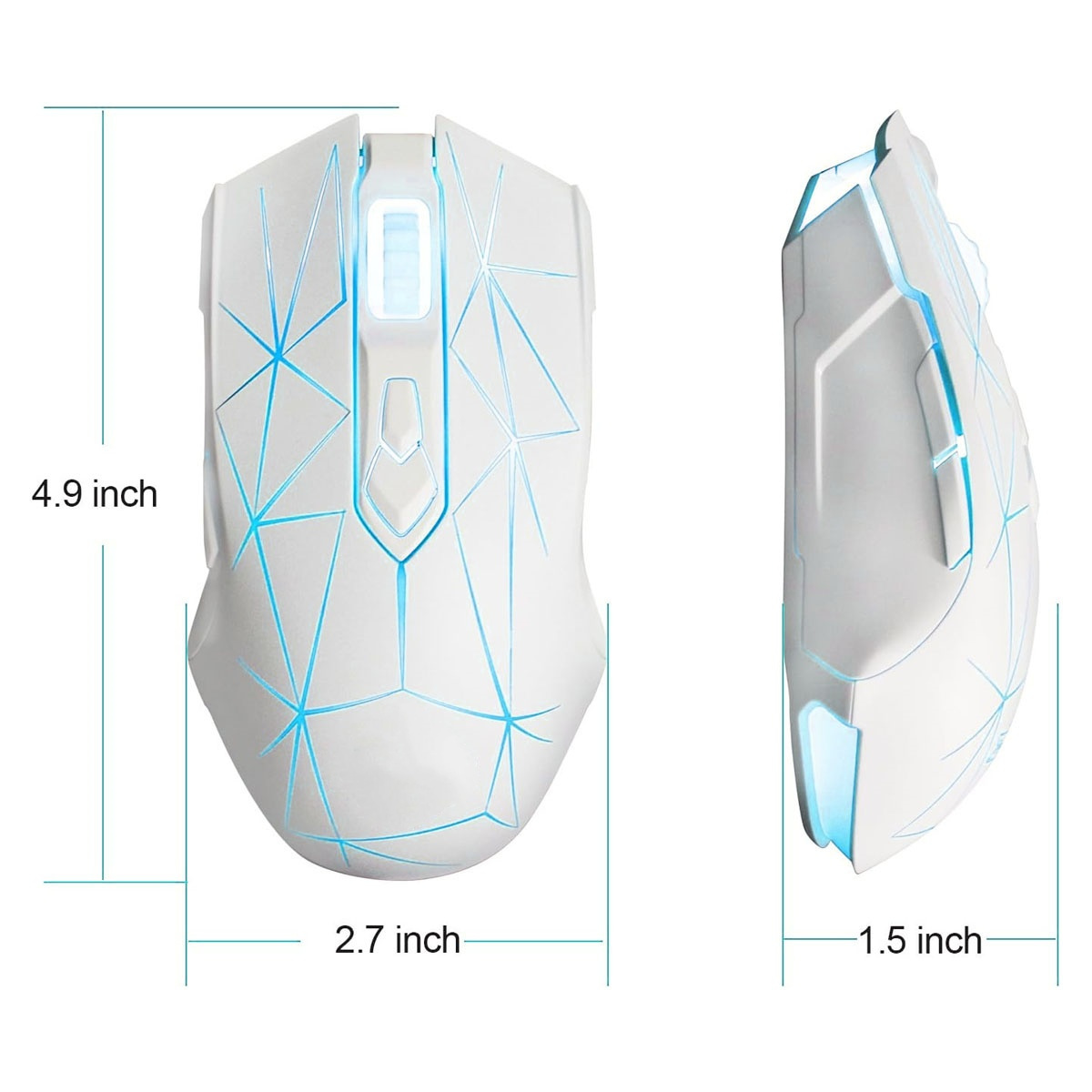 Weiße Gaming-Maus mit blauen Lichtern und Abmessungen. Die Maus ist abgewinkelt. Seitenansicht enthalten.