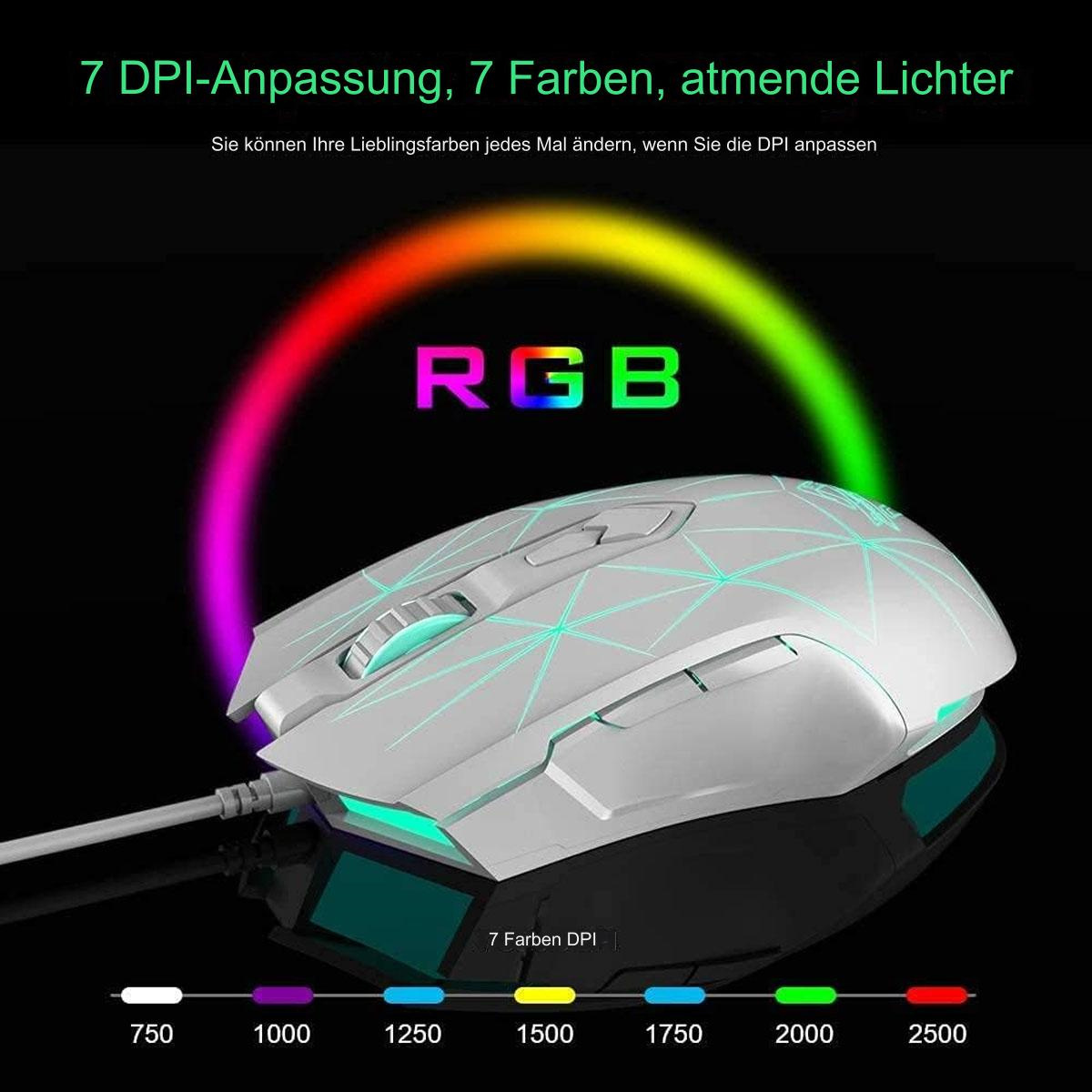 Eine weiße Gaming-Maus mit bunten Lichtern und DPI-Einstellung.
