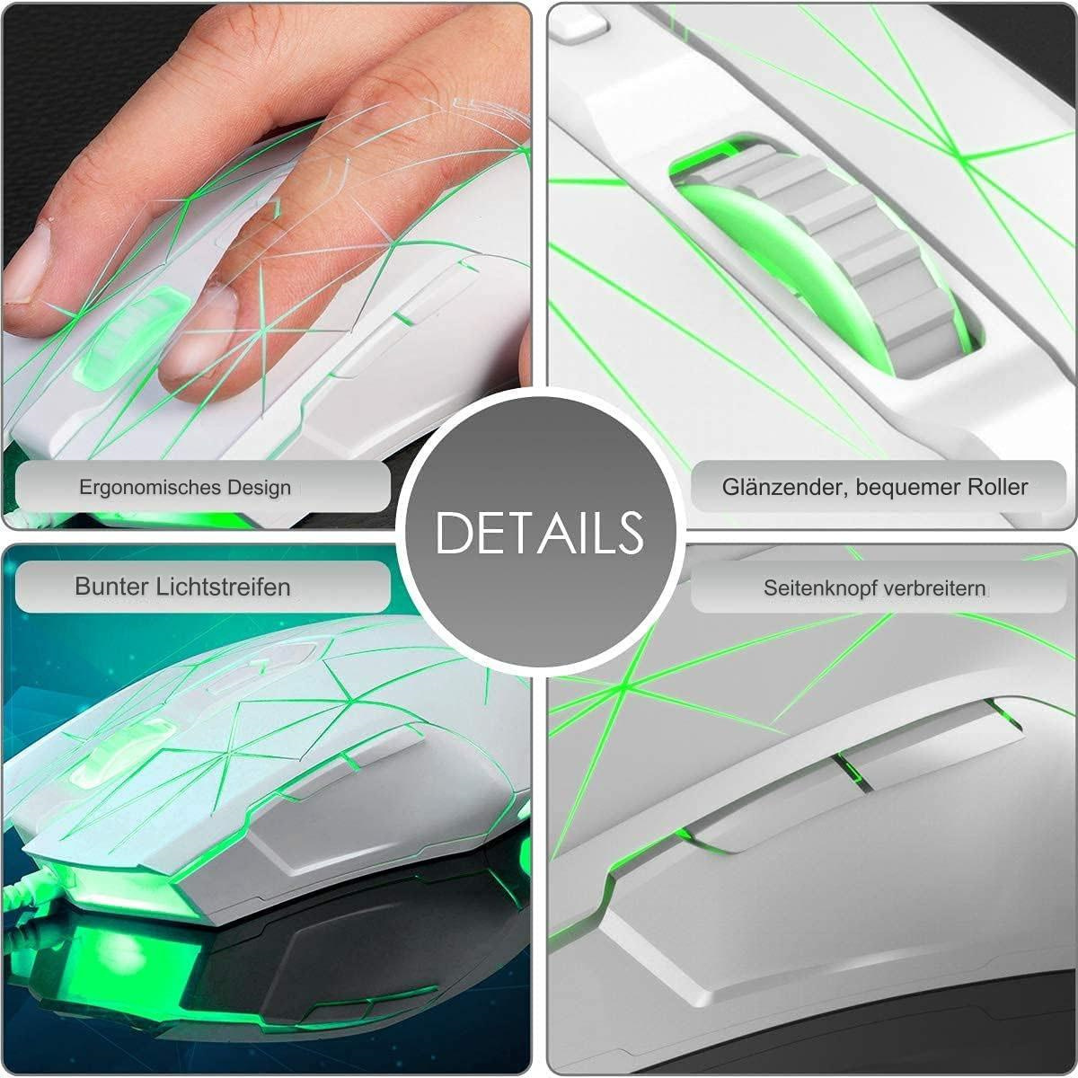 Details einer weißen und grünen Gaming-Maus. Ergonomisches Design, glänzende Rolle, Seitentaste.