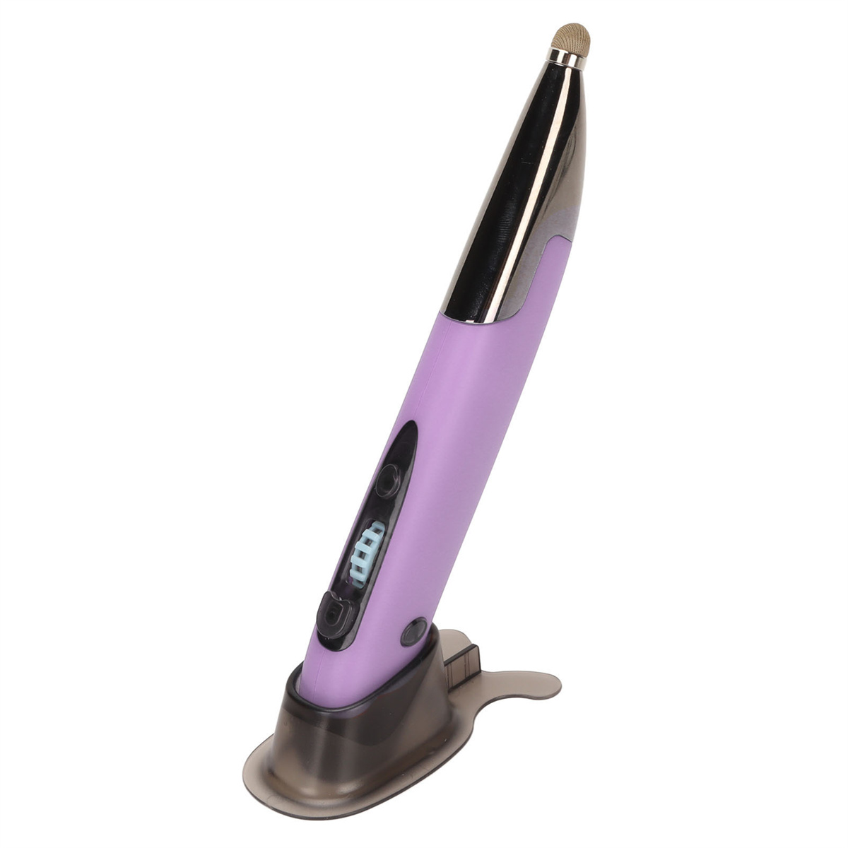 Lila-silberner Stylus-Stift auf einem Ständer. Er hat eine Digitalanzeige und Knöpfe an der Seite.