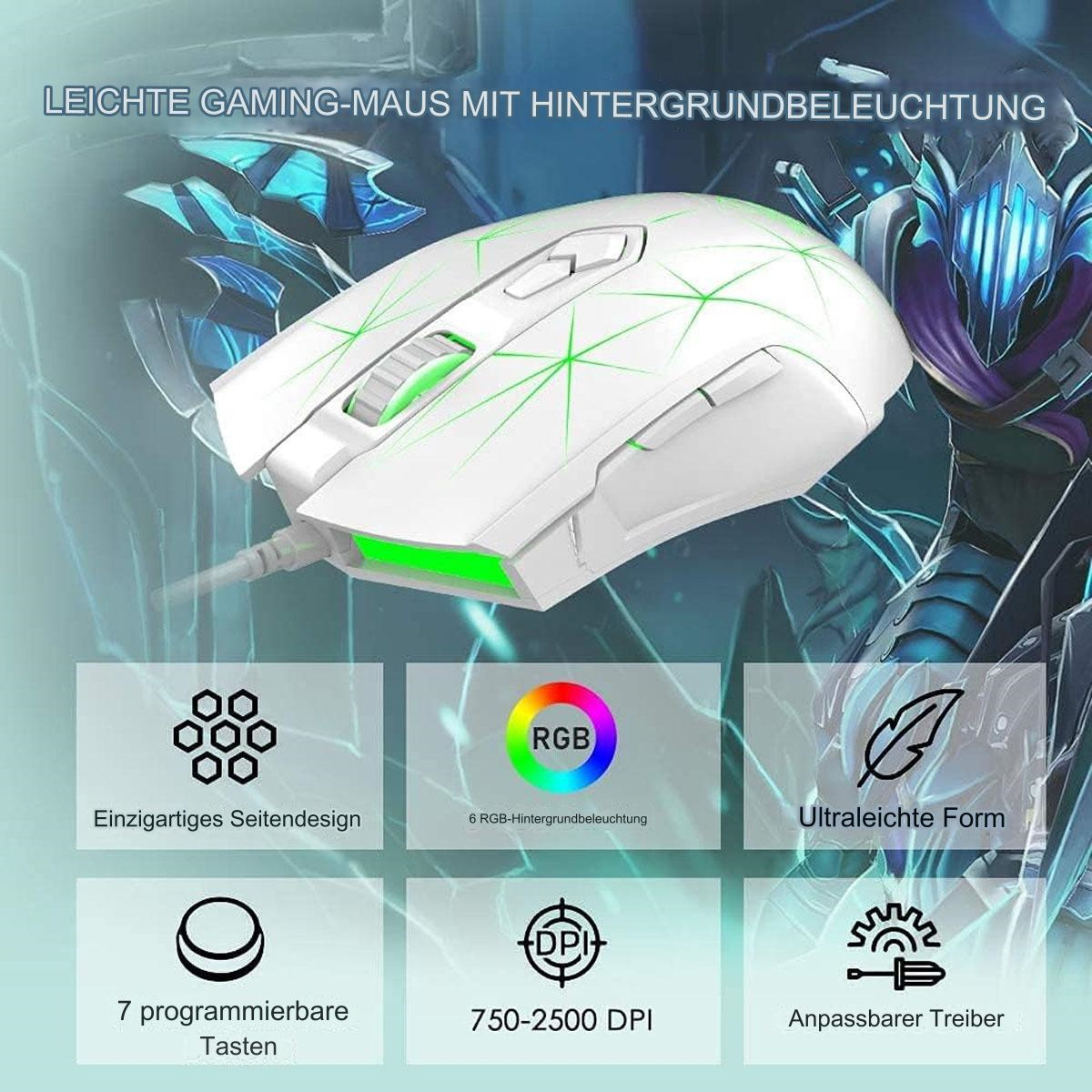 Weiße Gaming-Maus mit grünen Akzenten, beleuchtet durch grünes Leuchten. Grafiken zeigen Funktionen wie DPI.