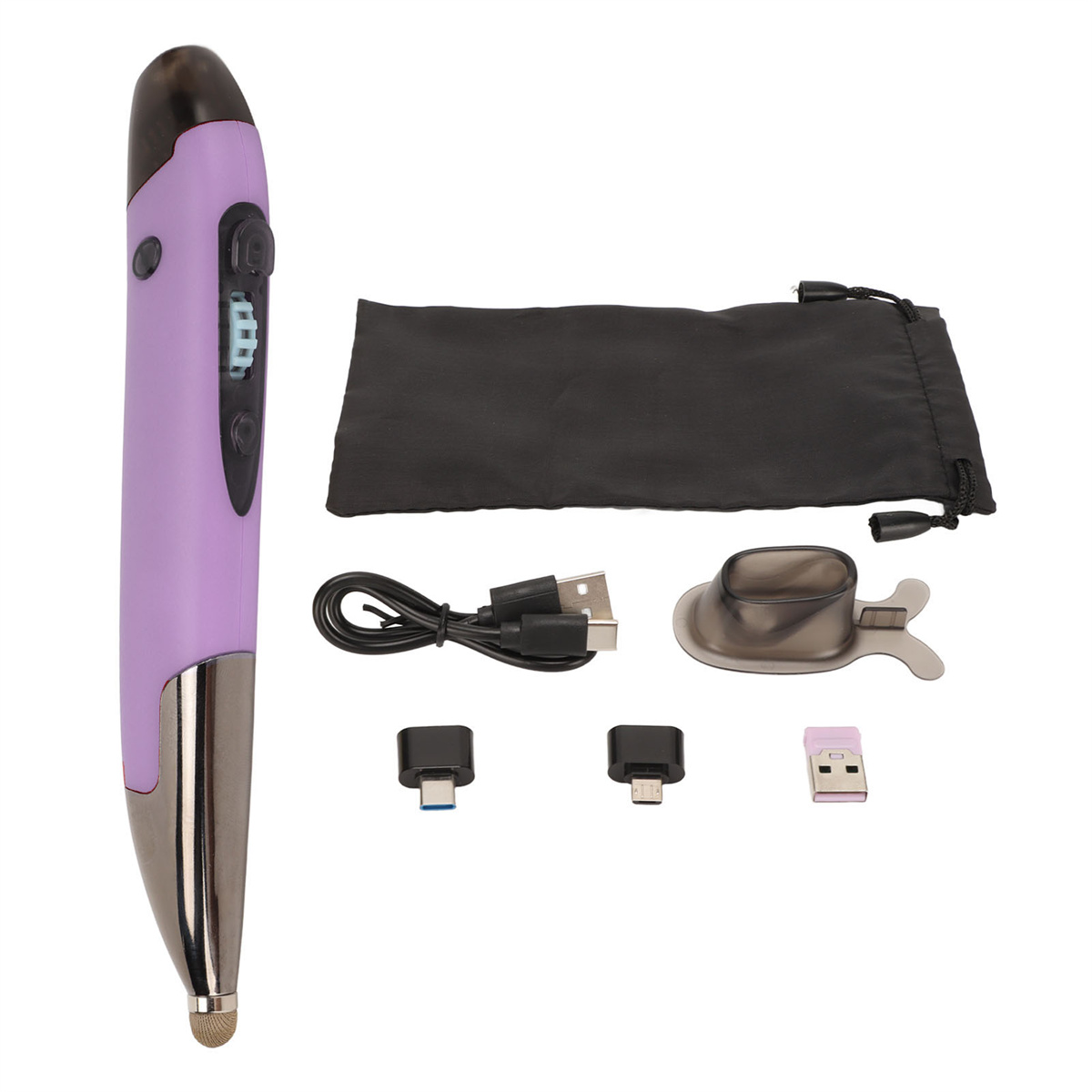 Ein lila digitaler Stift mit Zubehör, einschließlich Ladekabel und verschiedenen Adaptern.