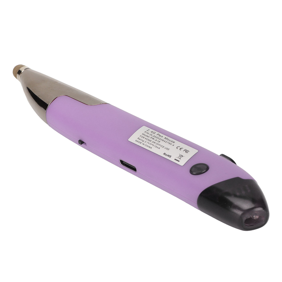 Lila stiftförmige Maus mit silbernen Details und einem USB-Anschluss. Schwarzes Ende mit Sensor.