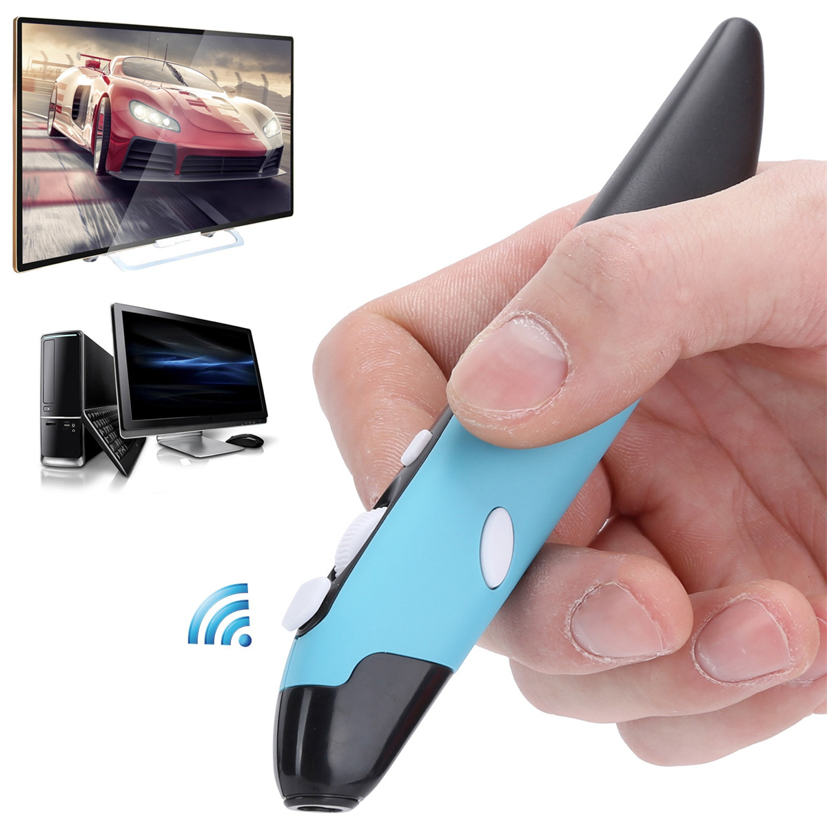 Hand hält blaue und schwarze Maus, verbunden mit Computer und Fernseher mit Rennwagen.