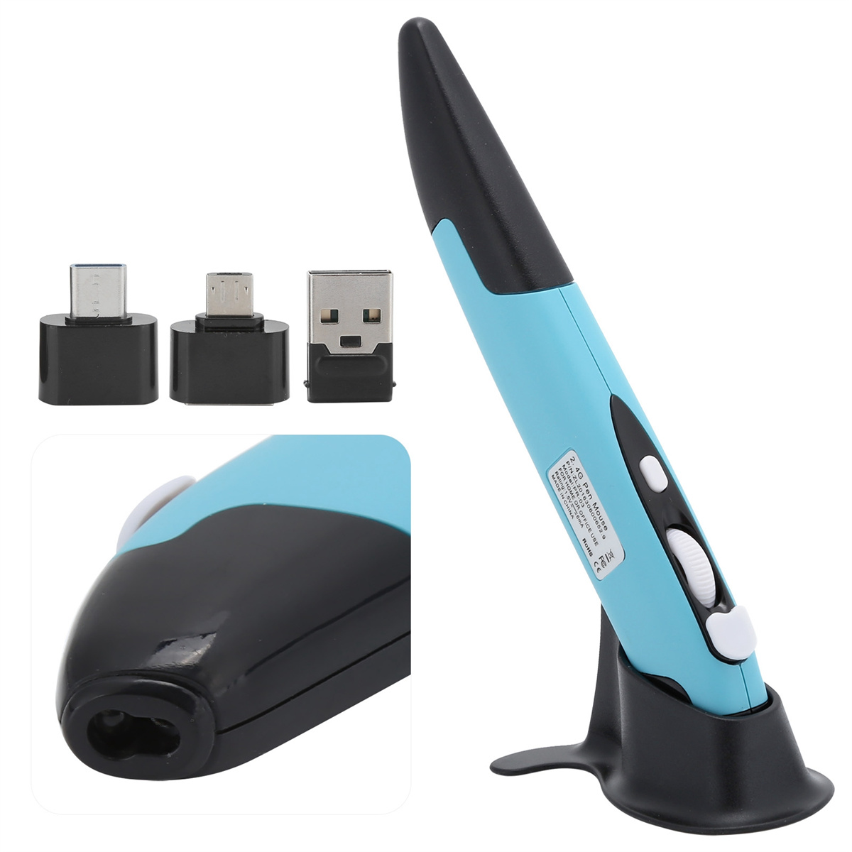 Eine stiftförmige blaue und schwarze Maus mit USB-Adaptern. Gezeigt mit einem Ständer und einer Nahaufnahme.
