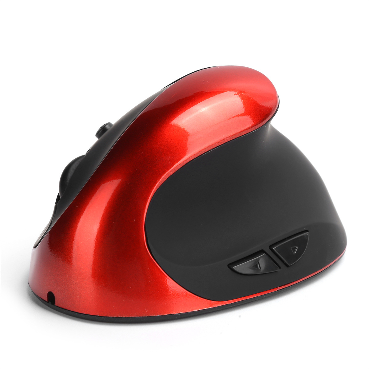 Ergonomische Maus, schwarz und rot, vertikales Design.