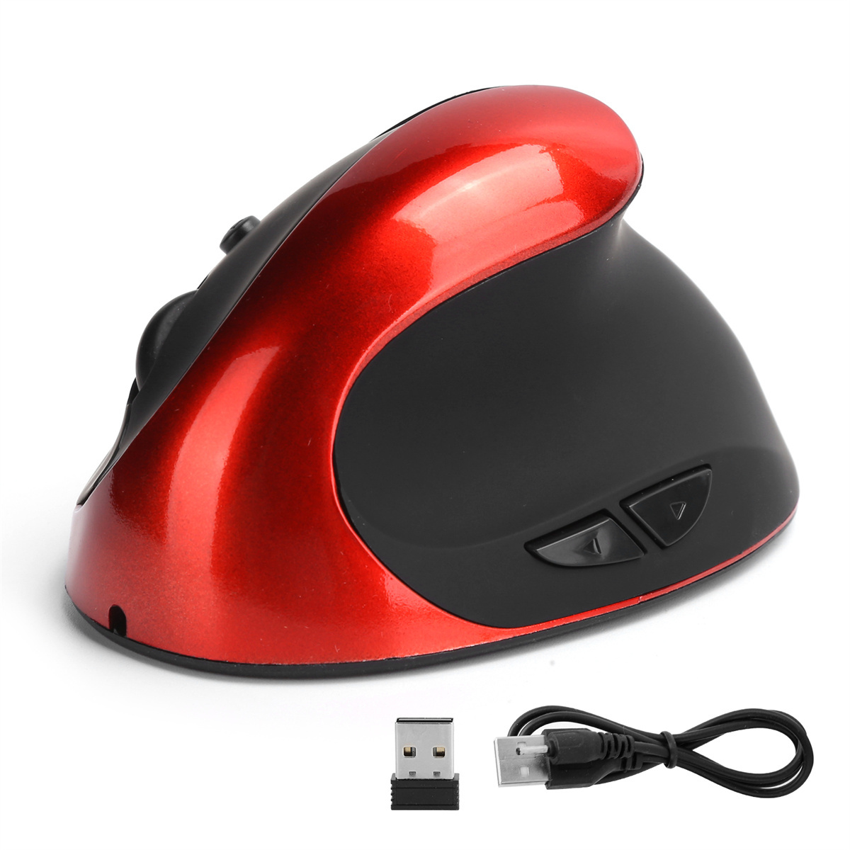 Rote und schwarze vertikale Maus mit zwei Tasten und USB-Empfänger.