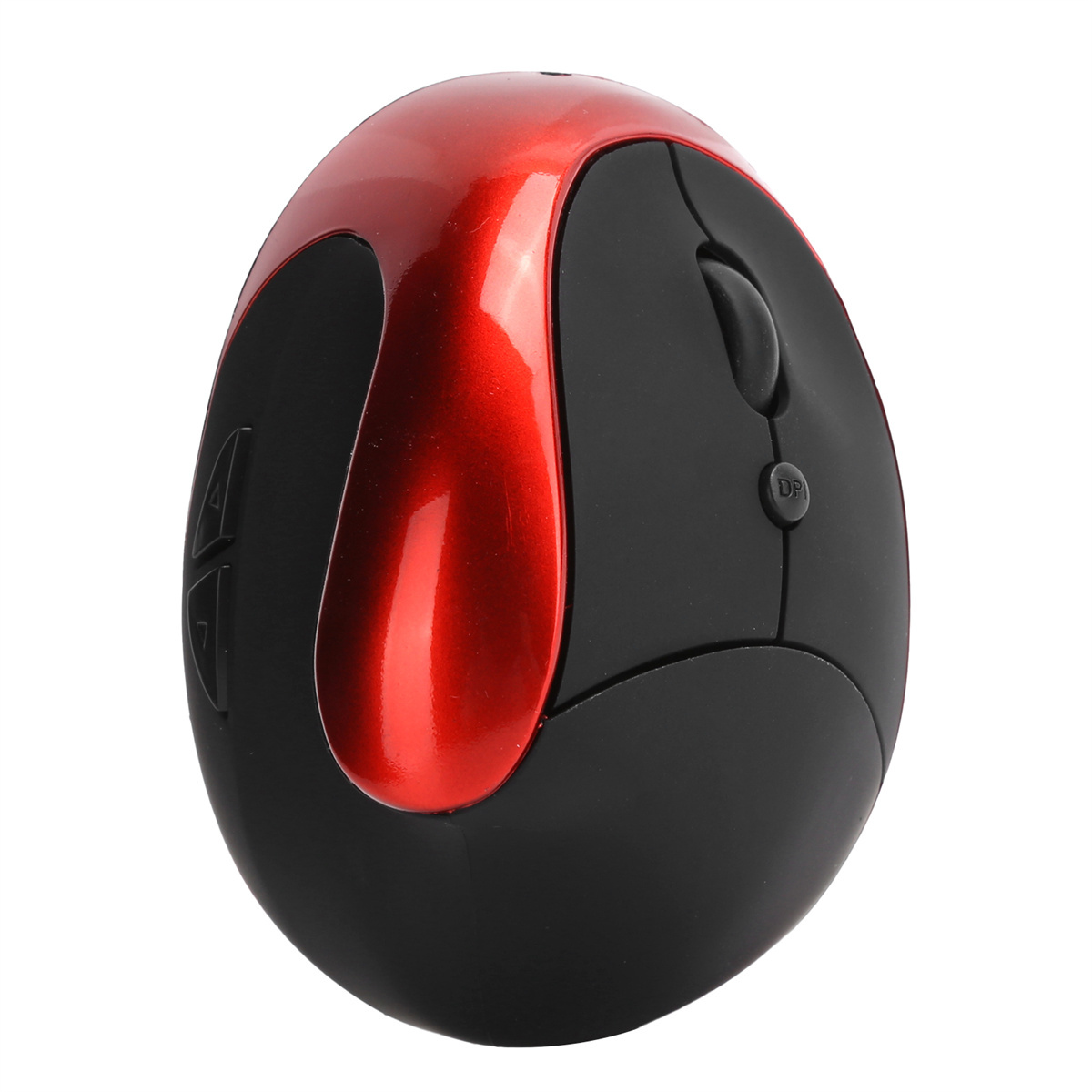 Ergonomische Gaming-Maus, rotes Oberteil, schwarze Basis. Hat Tasten und ein Scrollrad, für rechte Hand.