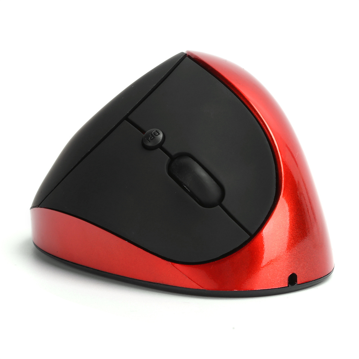 Rote und schwarze vertikale ergonomische Maus mit einer DPI-Taste. Sie hat ein schlankes, eckiges Design für Komfort.
