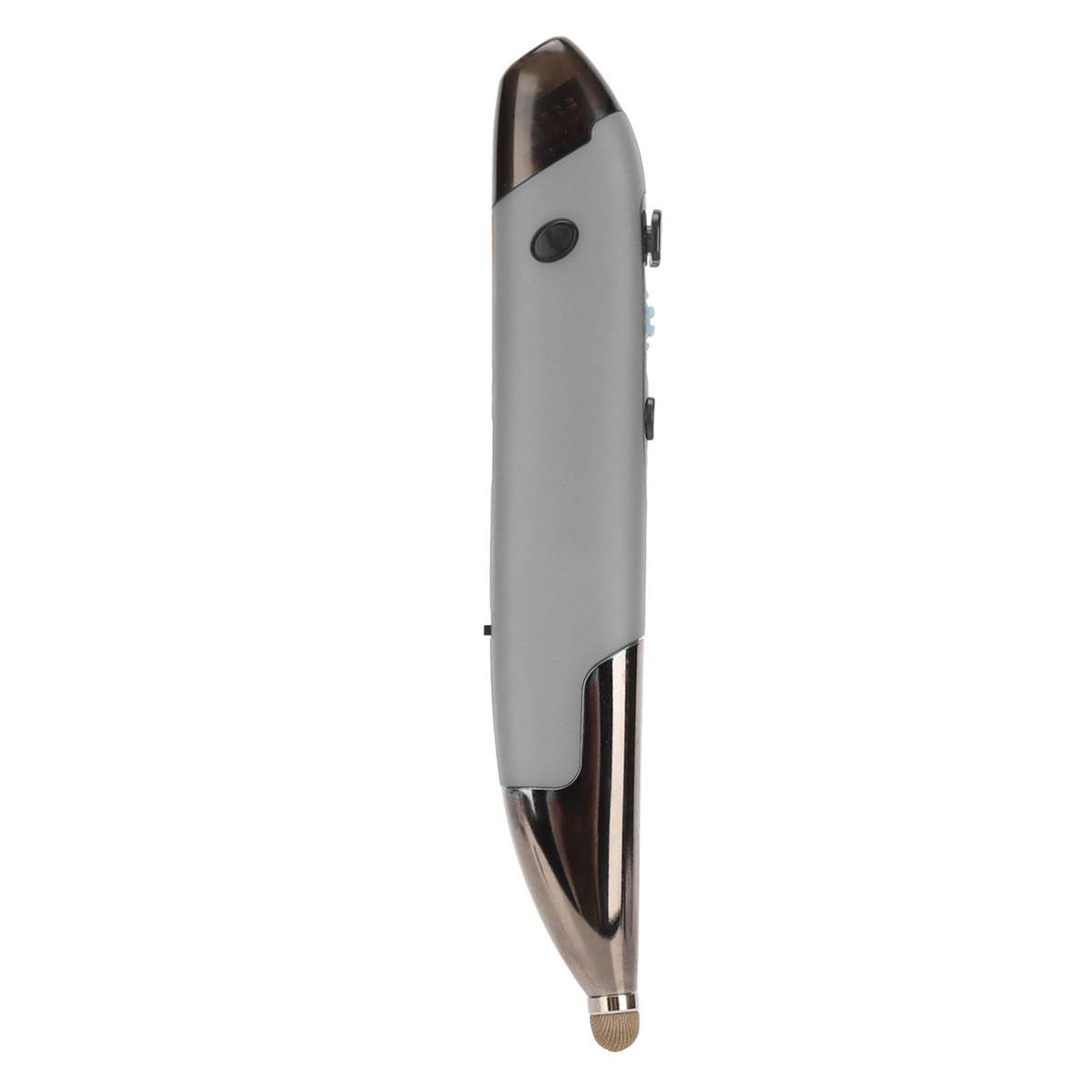 Ein silberner und grauer stiftförmiger Stylus mit schwarzen Knöpfen, der vertikal steht.