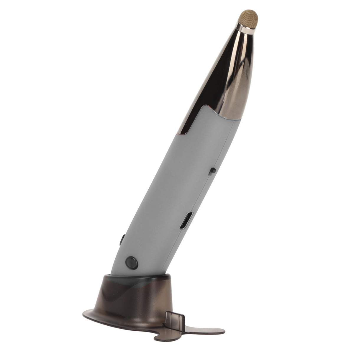 Grauer Stylus-Stift mit silberner Spitze und schwarzem Sockel. Er steht auf einem schwarzen Ständer.