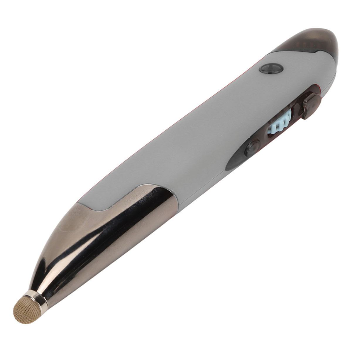 Grauer Eingabestift mit silberner Spitze und Knöpfen, für digitale Geräte konzipiert.