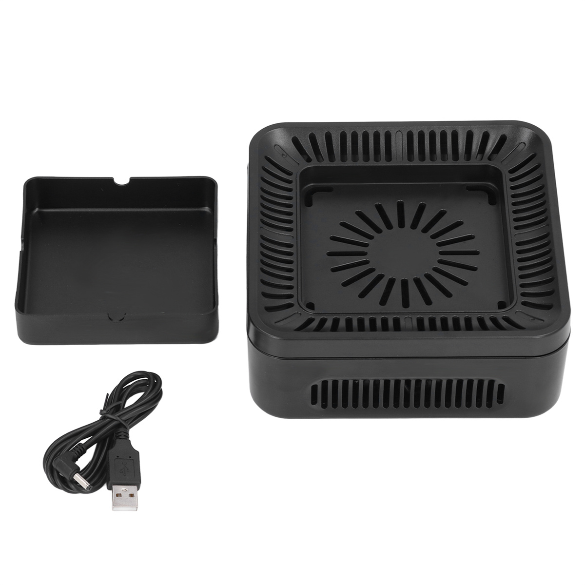 Ein schwarzer Aschenbecher mit herausnehmbarem Behälter und USB-Kabel. Der Aschenbecher wirkt modern.