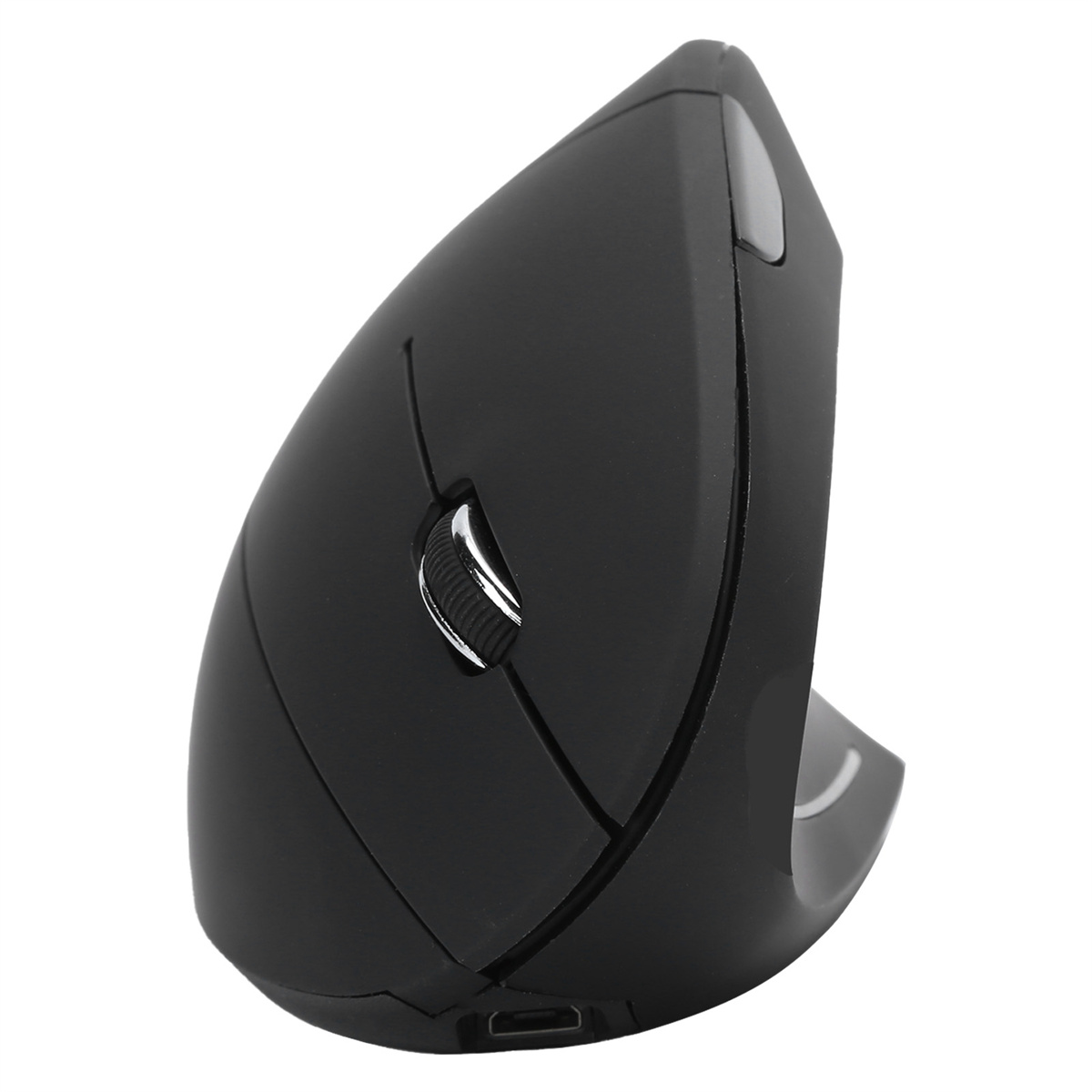 Schwarze ergonomische vertikale Maus. Die Maus hat ein Scrollrad und zwei Tasten. Seitenansicht.