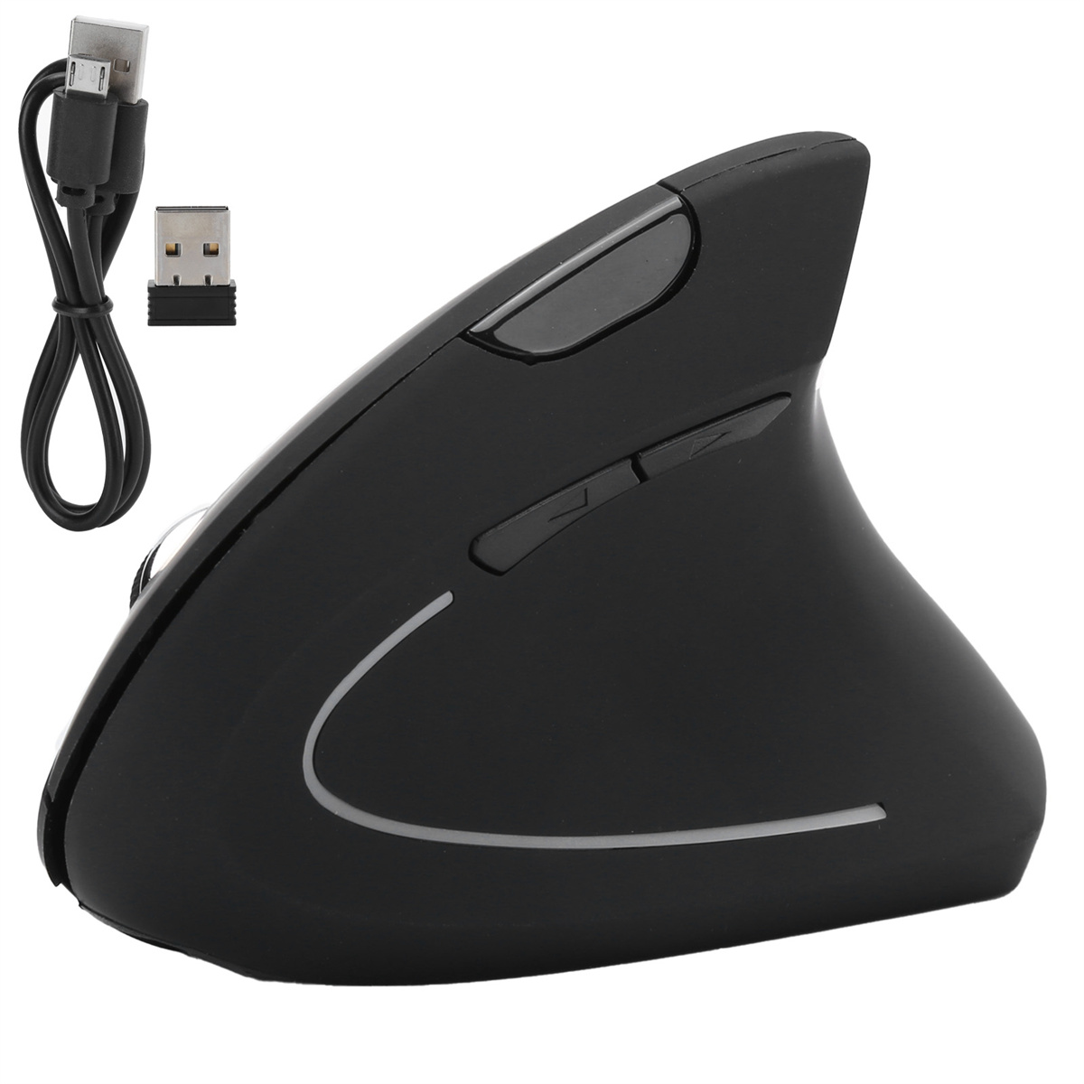 Schwarze ergonomische Maus mit vertikalem Design und USB-Kabel.