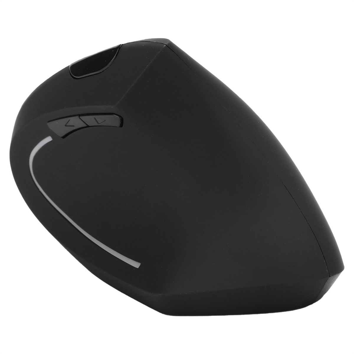Eine schwarze ergonomische Maus mit Tasten an der Seite. Sie ist abgewinkelt und hat einen geschwungenen weißen Akzent.