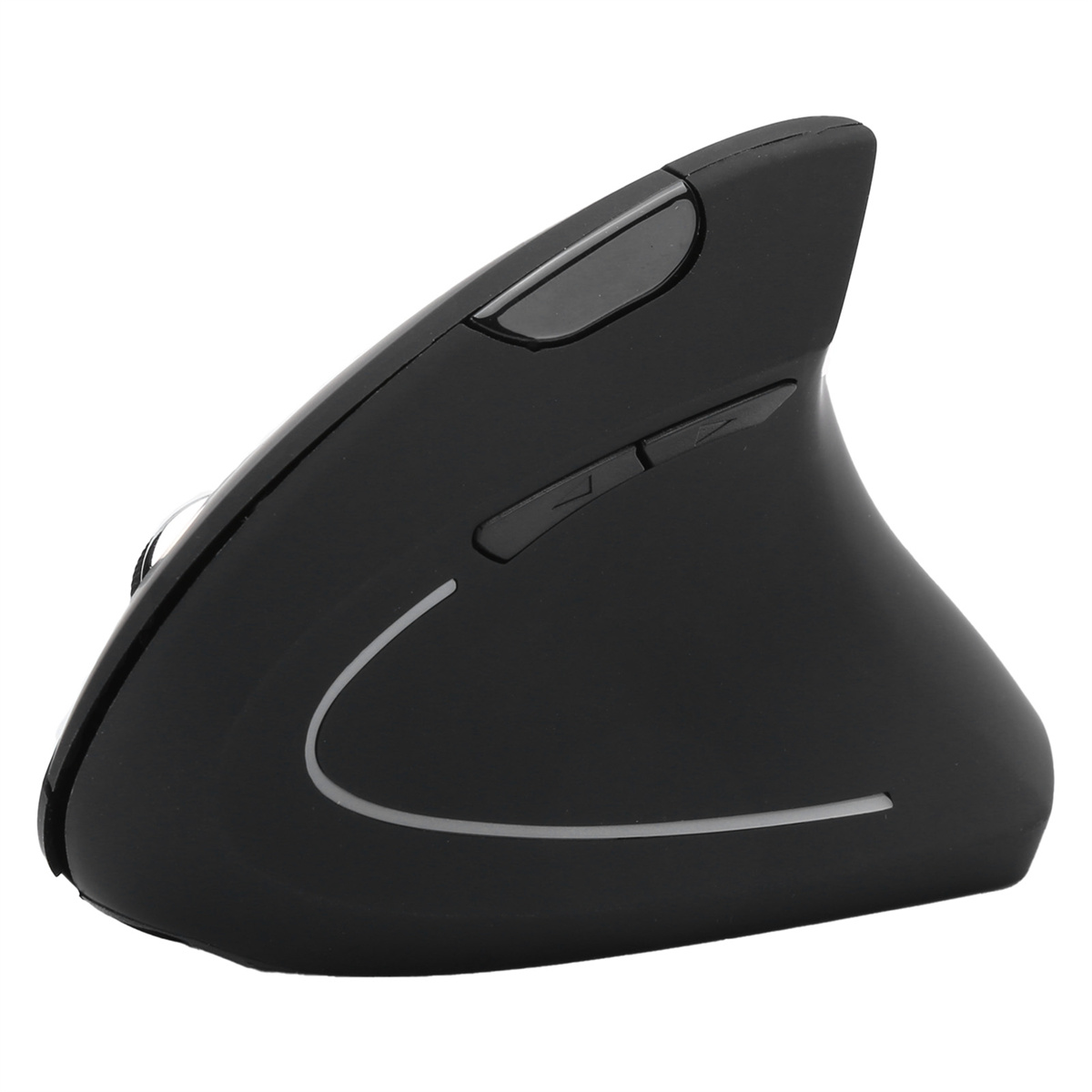 Schwarze ergonomische vertikale Maus mit Tasten und Scrollrad, auf weißem Hintergrund.