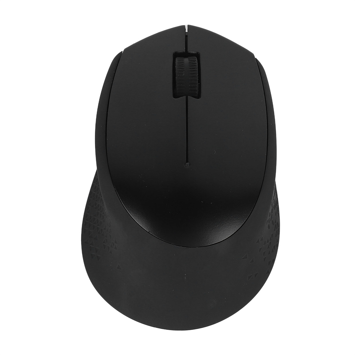 Schwarze Maus. Schwarzer Körper mit einem Scrollrad und zwei Tasten. Graue, strukturierte Seitengriffe.