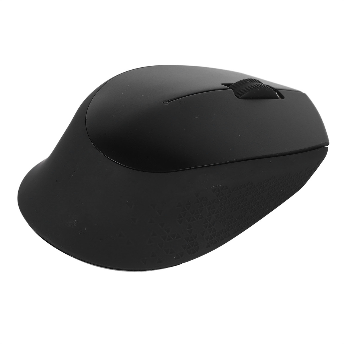 Eine schwarze ergonomische Computermaus mit strukturierter Grifffläche und Scrollrad. Sie ist gebogen.