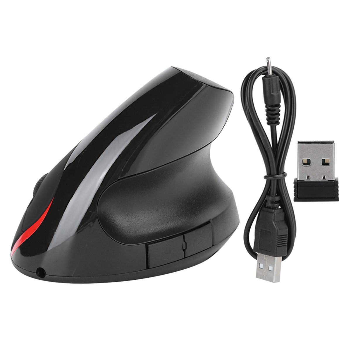 Schwarze ergonomische Maus mit rotem Akzent, USB-Empfänger und Kabel.
