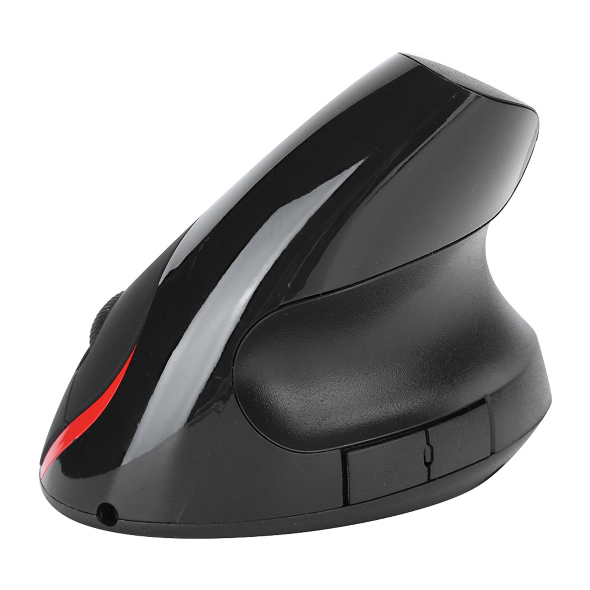 Schwarze ergonomische Vertikalmaus mit roter Akzentlinie, Seitentasten und Scrollrad.