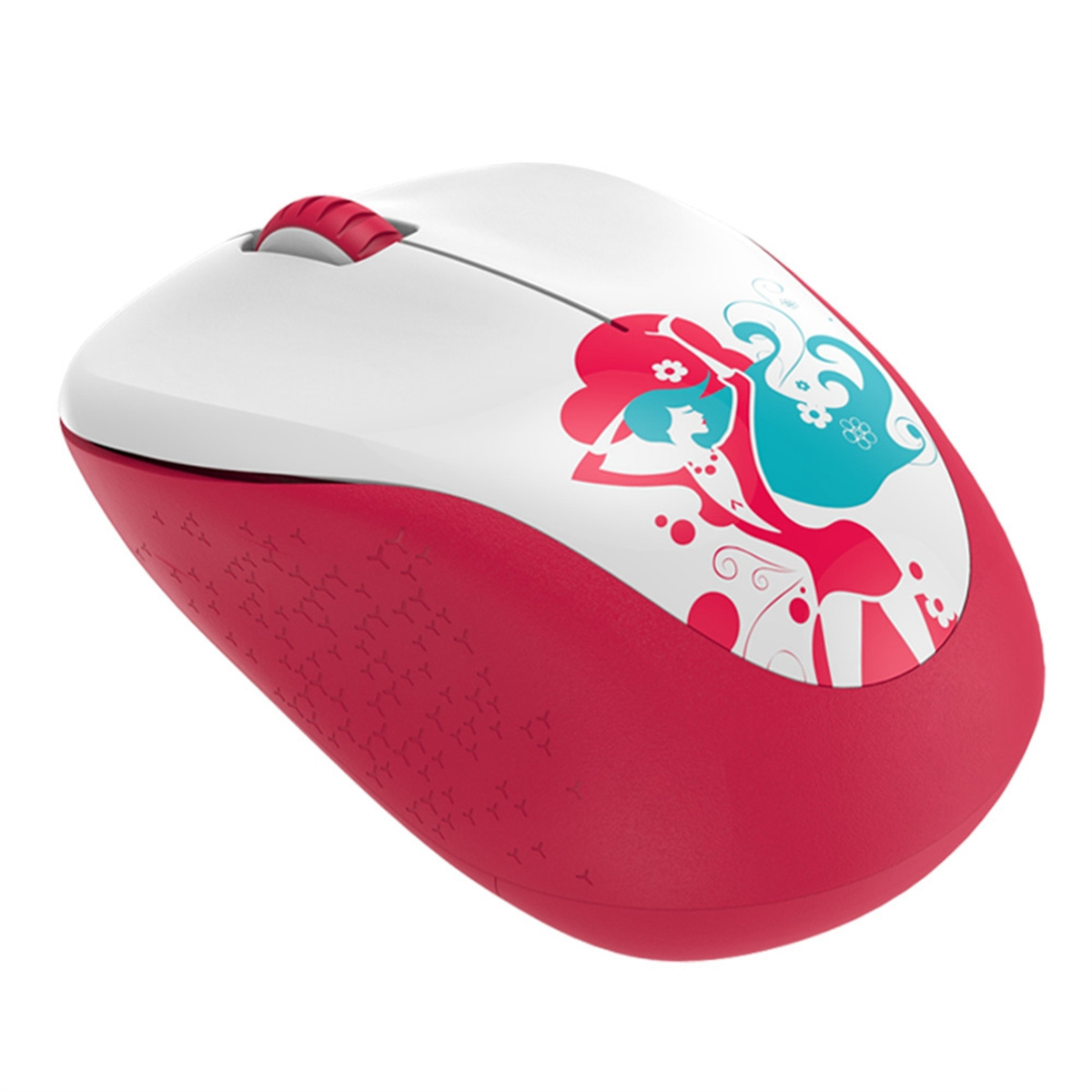 Rote und weiße Computermaus mit einem Frauendesign. Weißer Hintergrund.