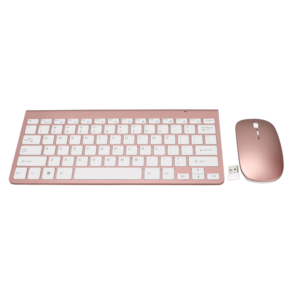 Roségoldenes Tastatur- und Maus-Set. Weißer Hintergrund. Kabelloses Set. Isoliert.