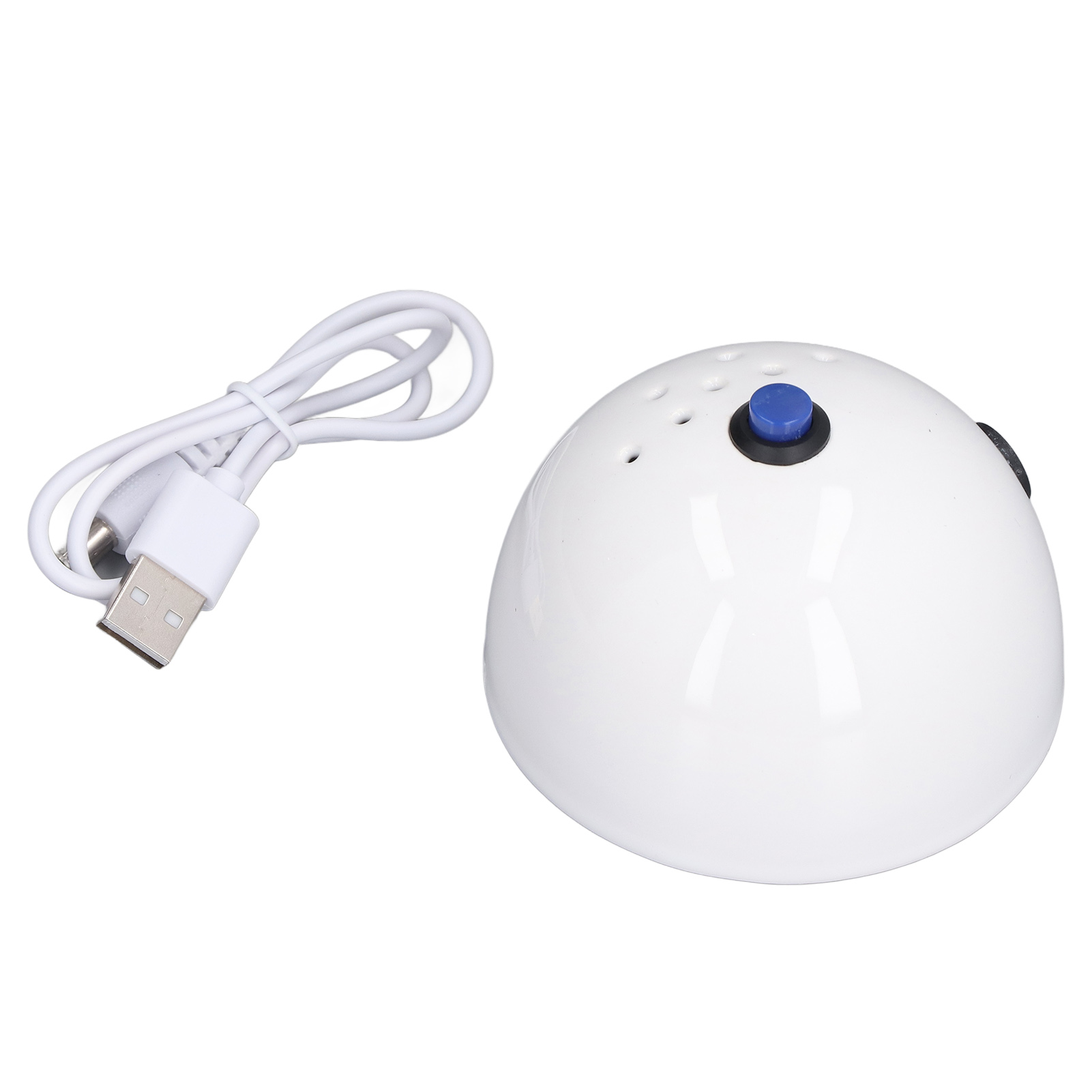 Ein weißes, kuppelförmiges Gerät mit blauem Knopf und USB-Kabel.