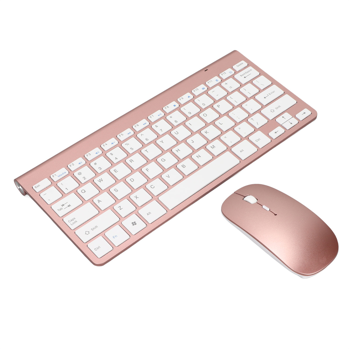Ein roségoldenes Tastatur- und Maus-Set. Die Tastatur ist flach, mit weißen Tasten. Die Maus ist ebenfalls roségoldfarben.