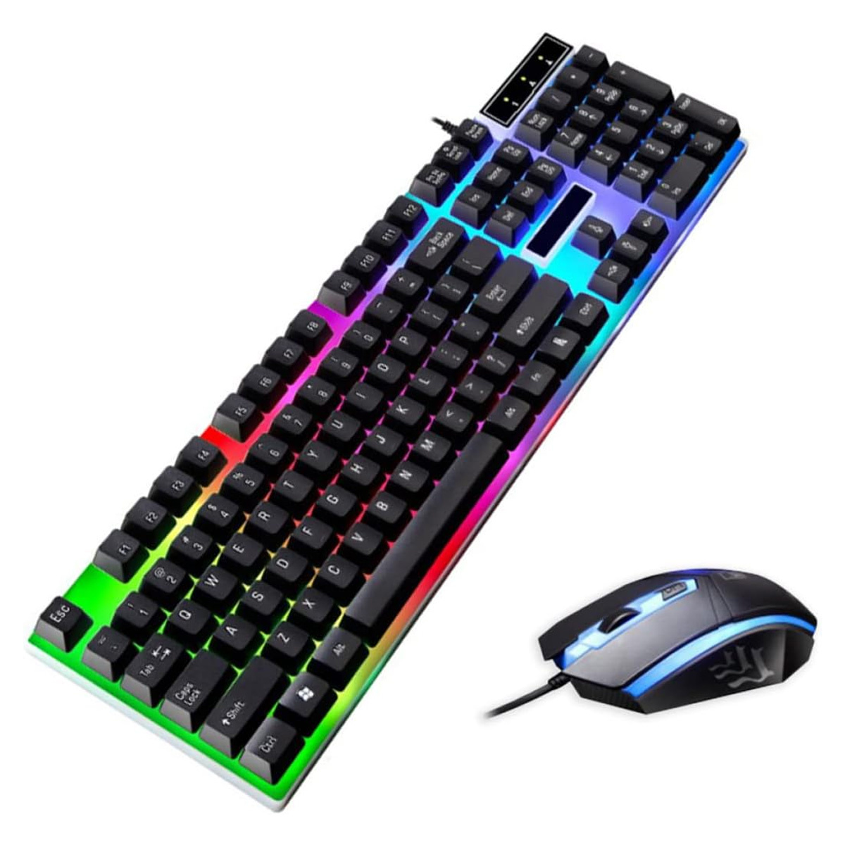 Eine Gaming-Tastatur mit bunten Lichtern und eine passende Maus auf weißem Hintergrund.
