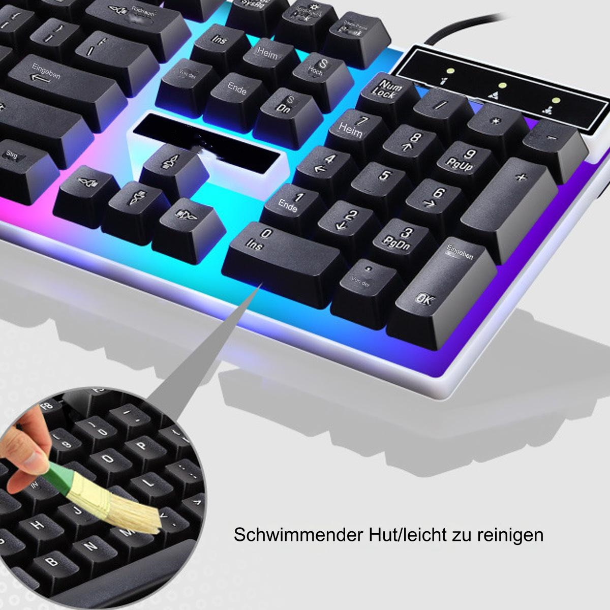 Tastatur mit beleuchteten Tasten, plus Nahaufnahme der Reinigung mit einem Pinsel.