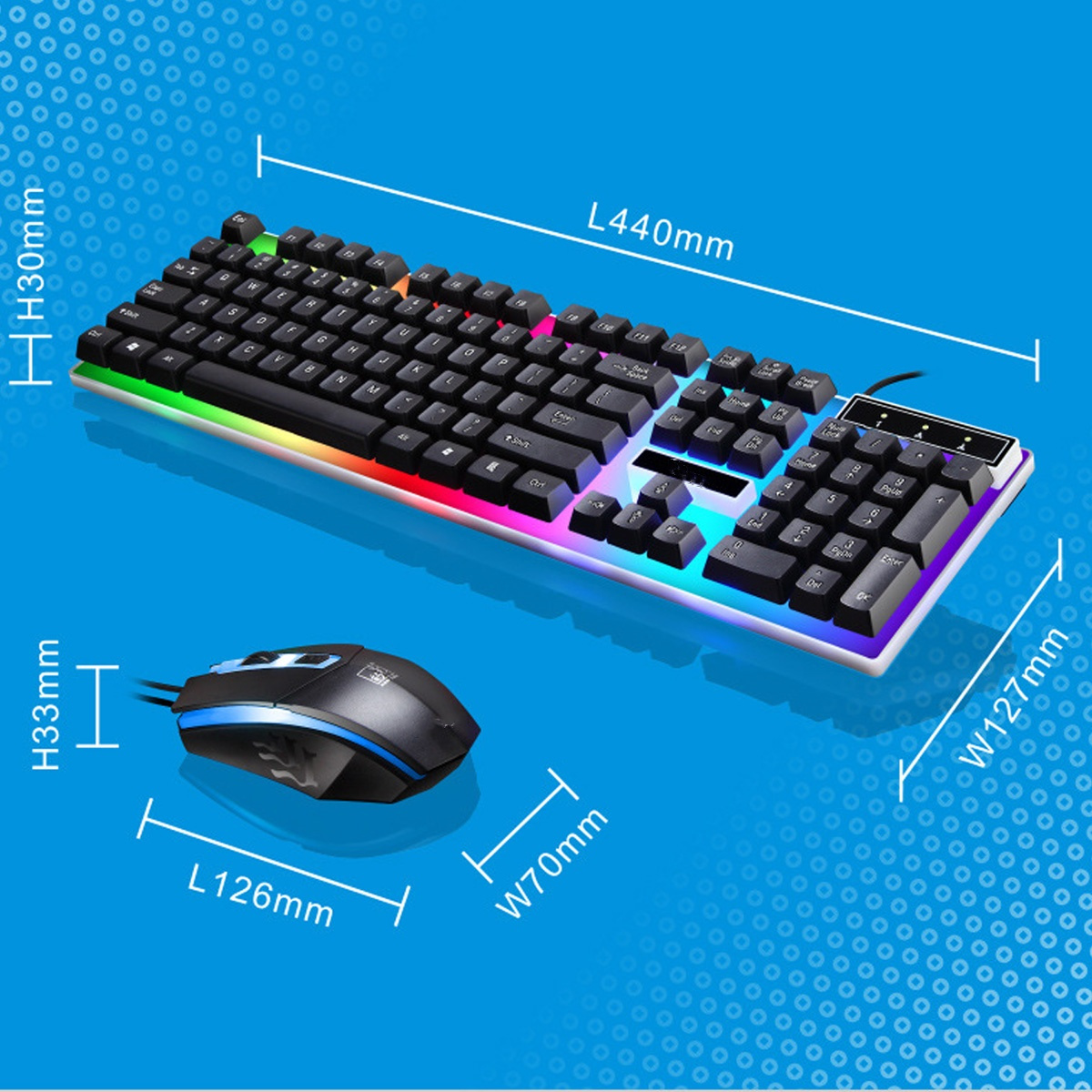 Schwarze Tastatur mit RGB-Beleuchtung und Maus. Abmessungen sind angegeben: H30mm, L440mm, B127mm, H33mm, L126mm, B70mm.