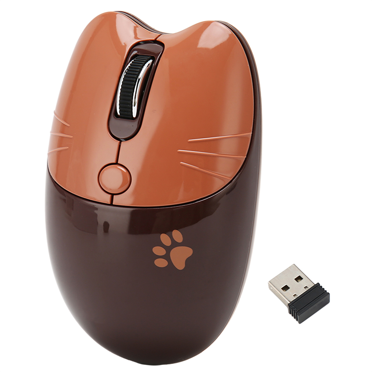 Eine katzenförmige Computermaus, braun und hellbraun. Ein USB-Empfänger liegt daneben. Der Hintergrund ist weiß.