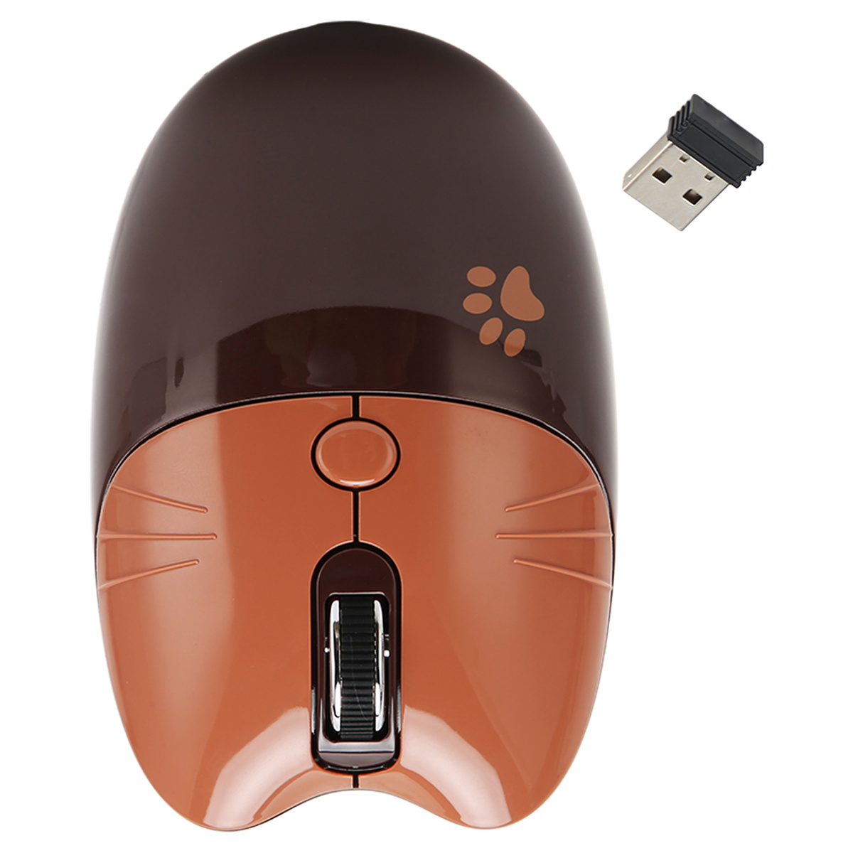 Braune und orangefarbene Maus mit Pfotenabdruck, USB-Empfänger wird gezeigt.