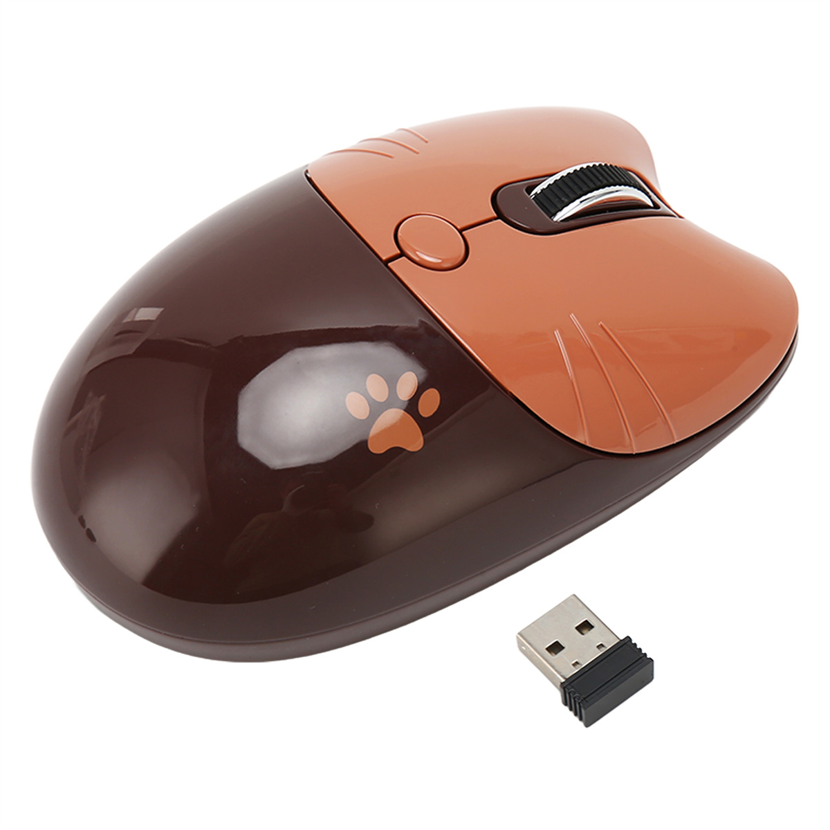 Braune und hellbraune kabellose Maus mit Pfotenabdruck und USB-Empfänger.
