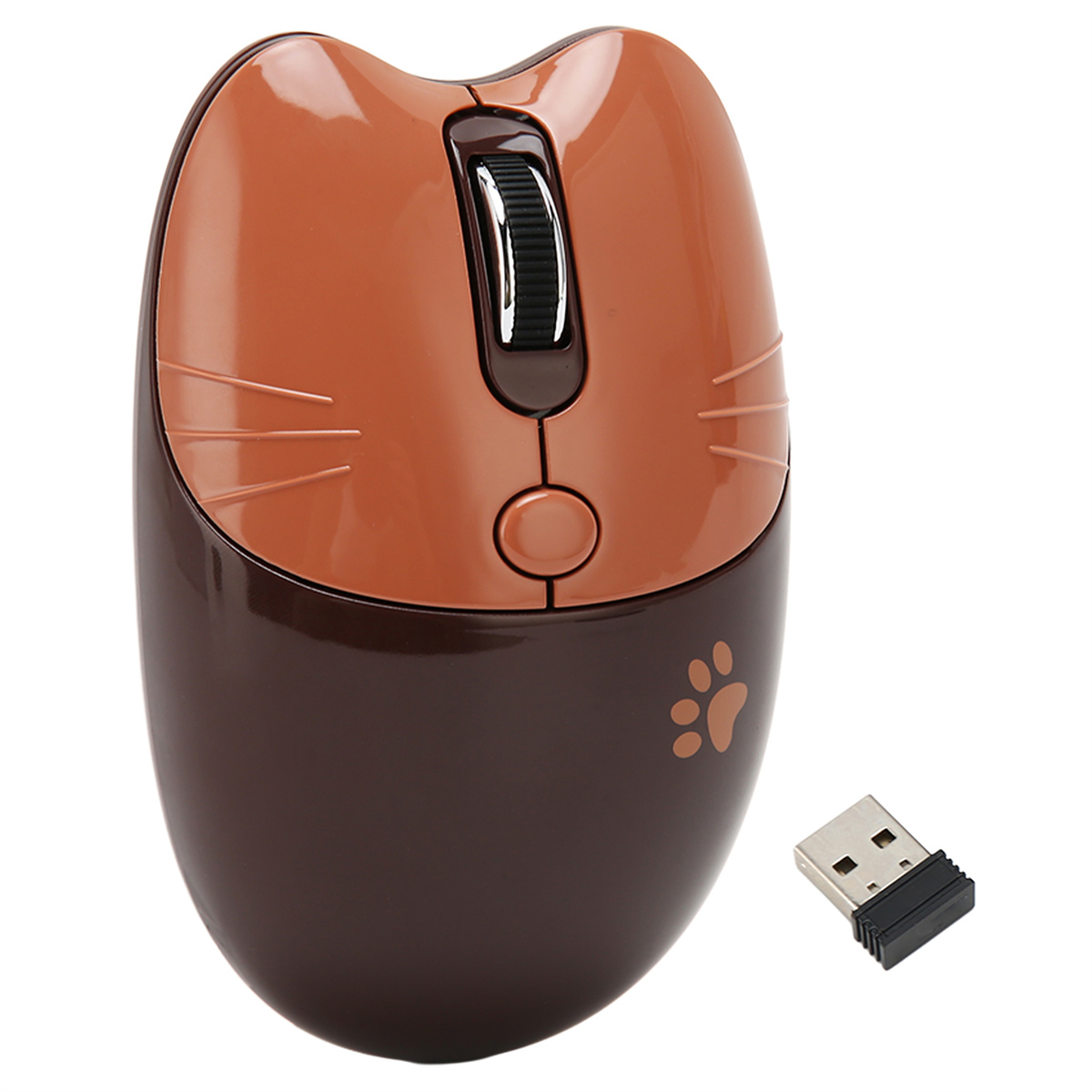 Eine kabellose Maus in Katzenform. Sie ist braun und hellbraun mit einem Scrollrad und einem USB-Empfänger.