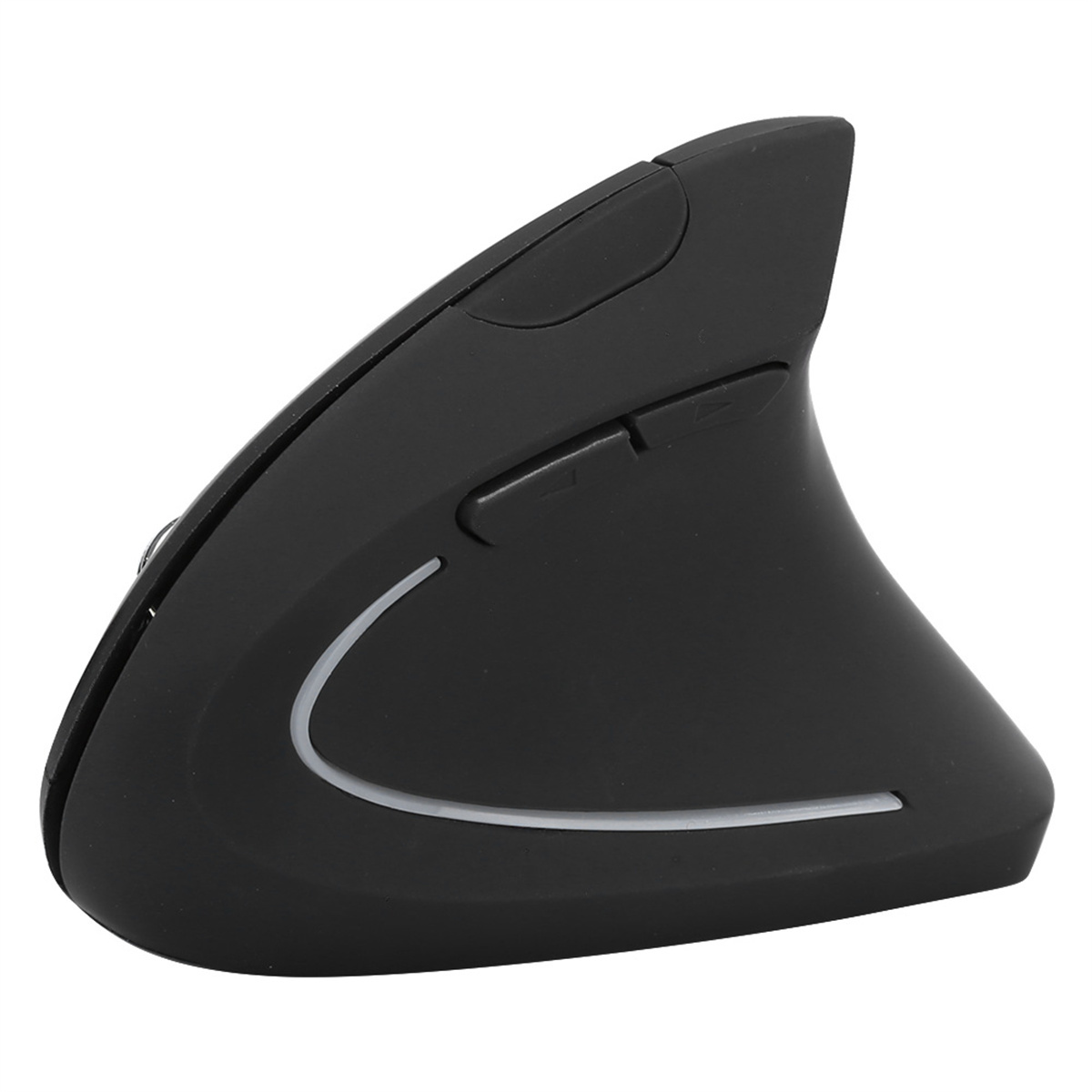 Schwarze ergonomische Maus mit geschwungenem Design, zwei Tasten und einem Scrollrad. Weißer Hintergrund.
