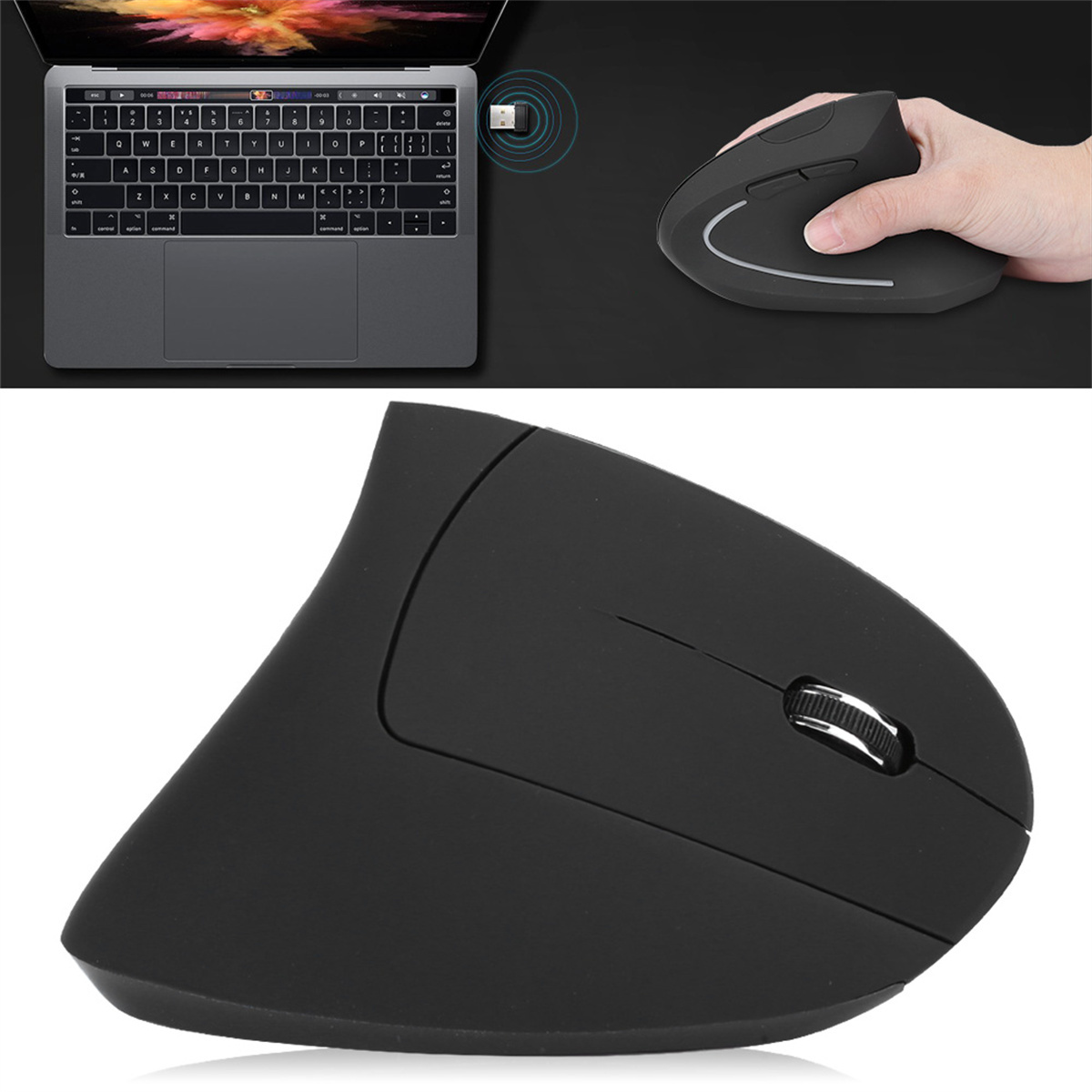 Eine schwarze ergonomische Maus neben einem Laptop und einer Hand, die darauf ruht.