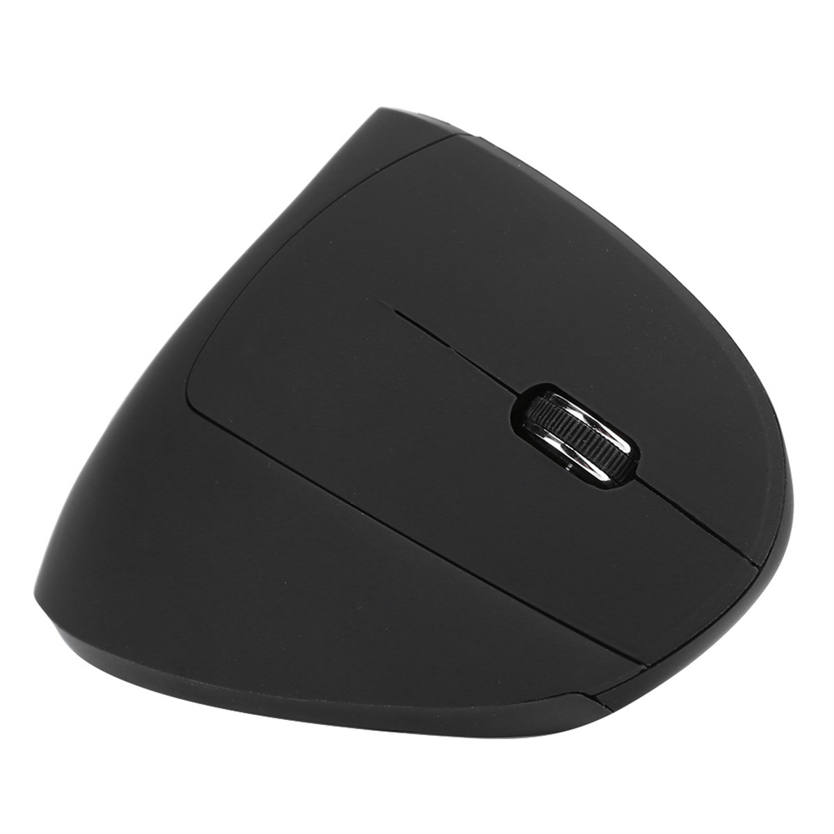 Vertikale ergonomische Maus, schwarz. Abgewinkeltes Design. Scrollrad sichtbar.