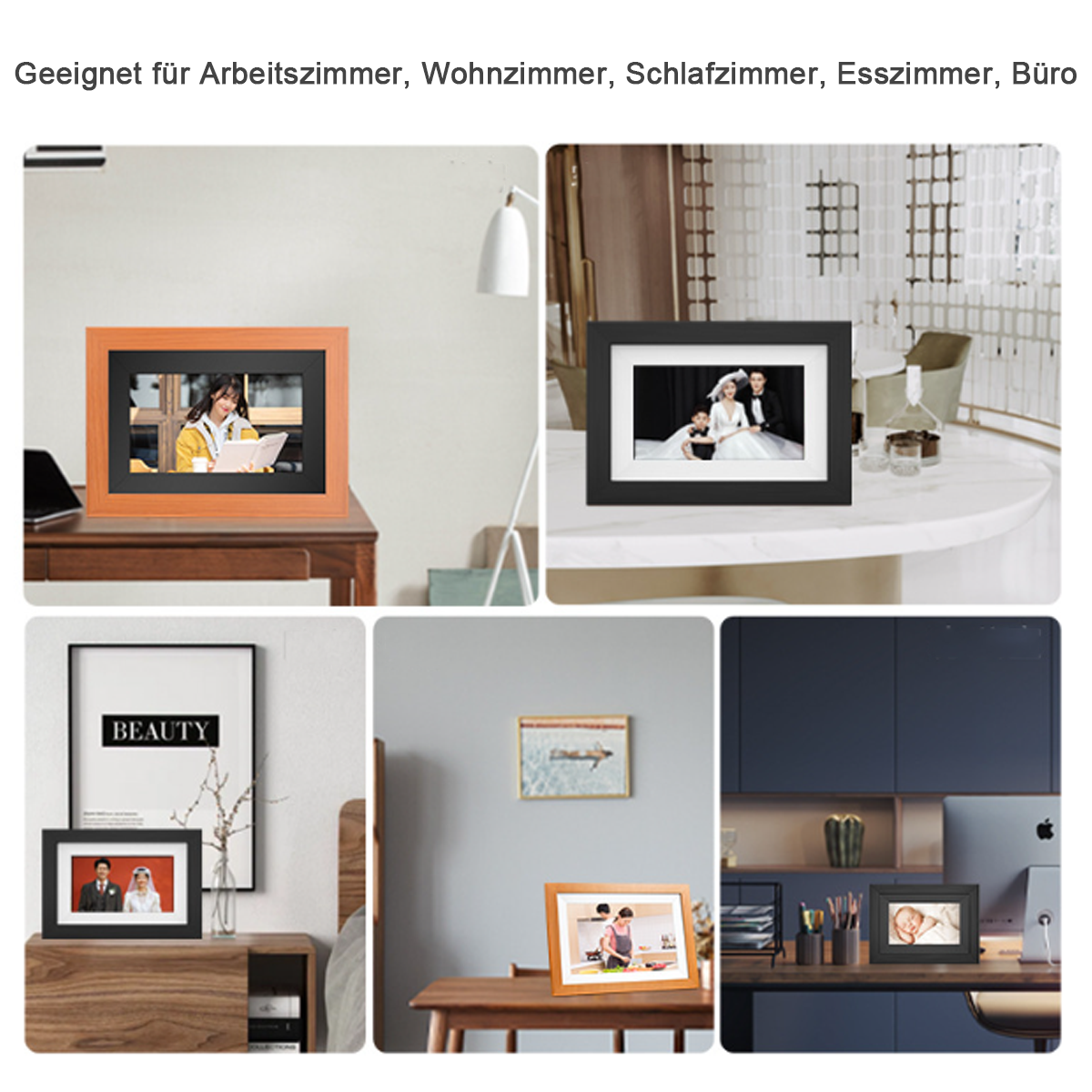 Fünf digitale Bilderrahmen, verschiedene Einstellungen. Einer mit einer Person, andere mit Fotos von Personen.
