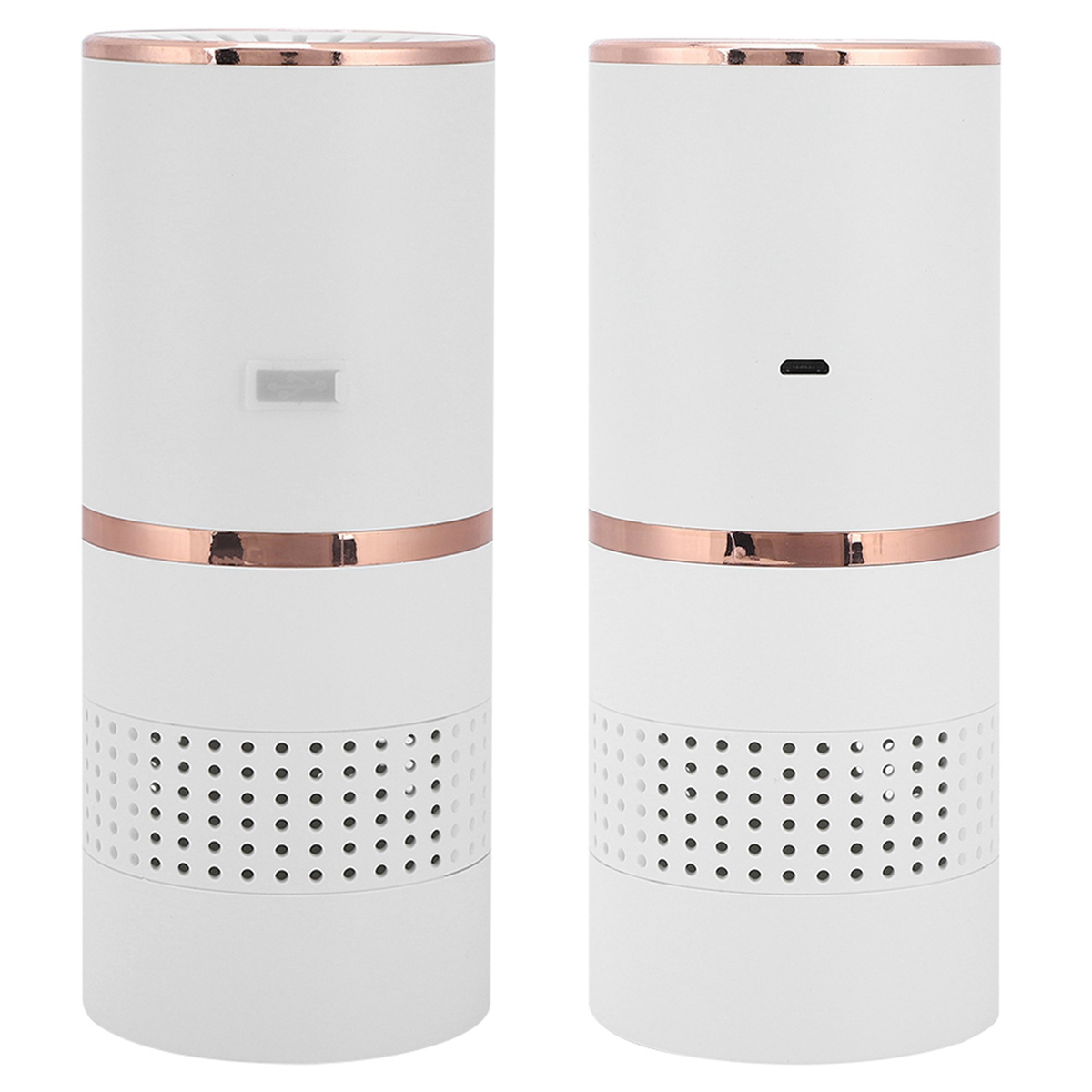 Zwei weiße zylindrische Luftreiniger mit roségoldfarbener Zierleiste. Perforierte Bereiche sind sichtbar.