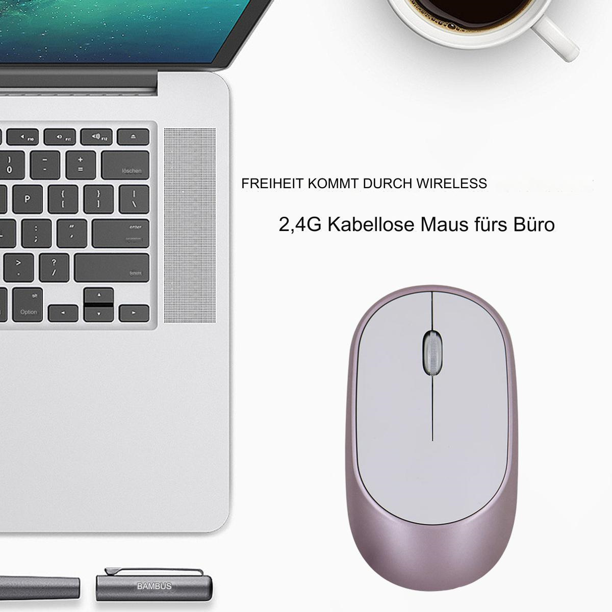 Ein Laptop, eine Maus und eine Kaffeetasse stehen auf einem Tisch. Text: Freiheit kommt durch wireless.