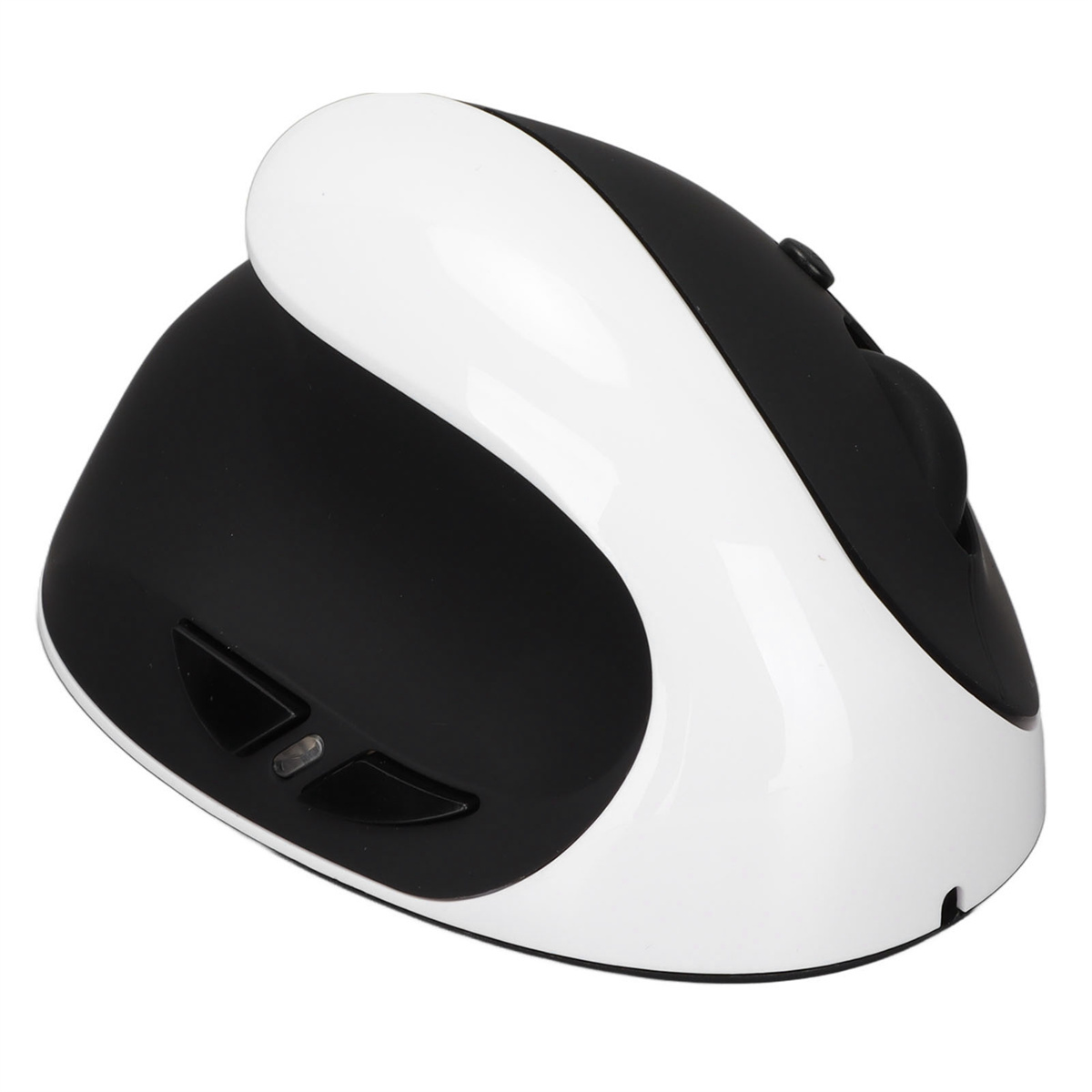 Schwarze und weiße ergonomische Maus. Sie hat Tasten an der Seite.
