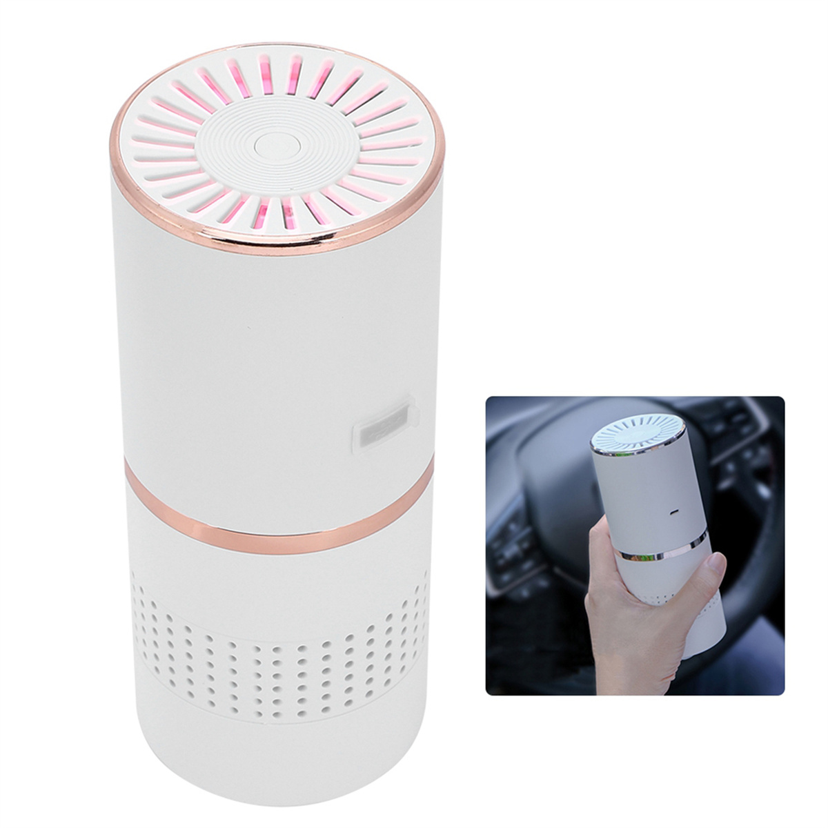 Weißer und roségoldener Luftreiniger. Ein kleiner Einsatz zeigt ihn im Auto.