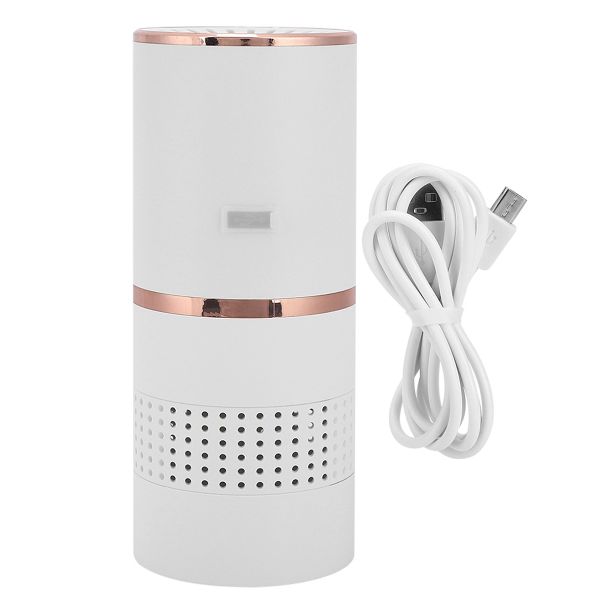 Weißer und roségoldener Luftreiniger mit USB-Ladekabel auf weißem Hintergrund.