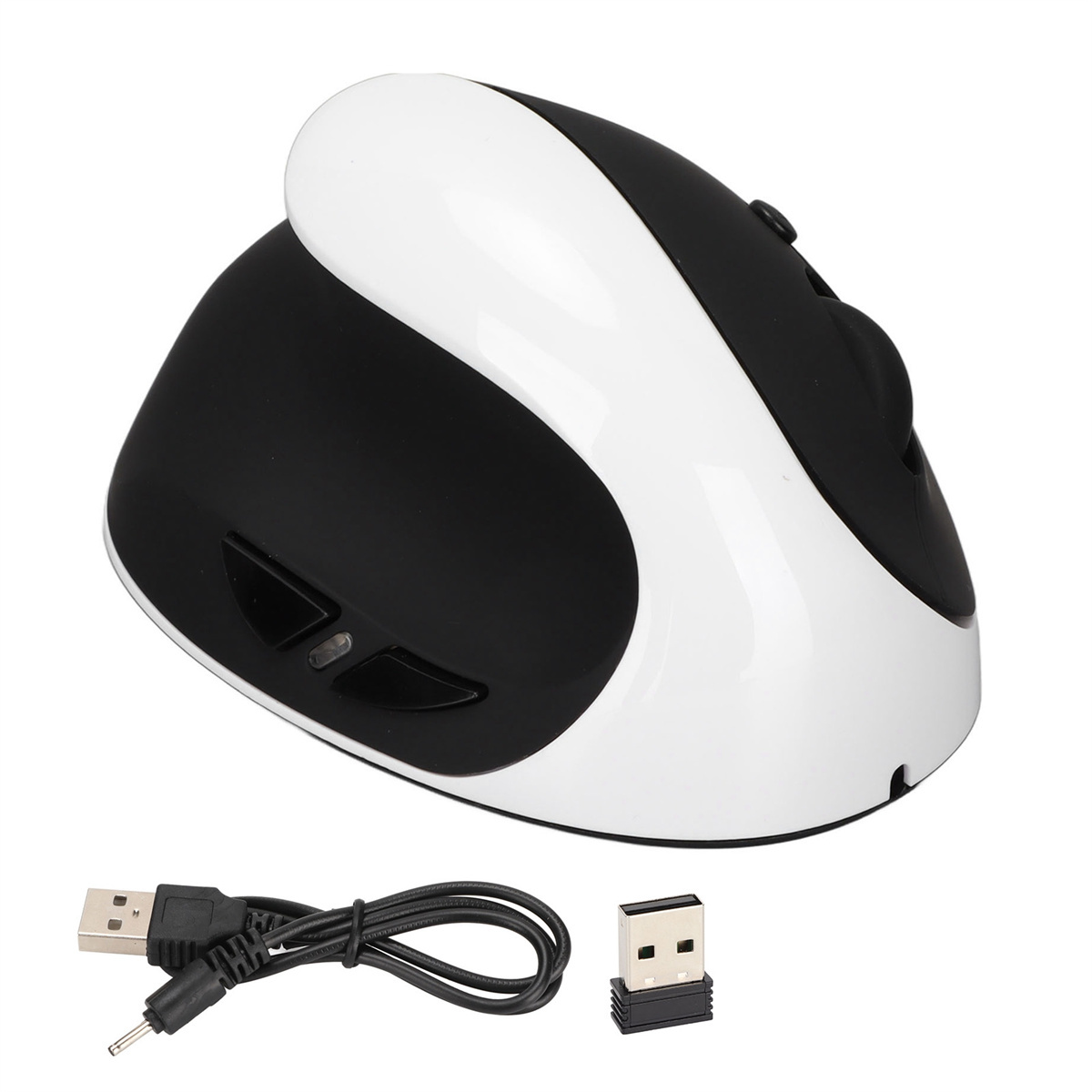 Schwarz-weiße vertikale ergonomische Maus mit USB-Kabel und kleinem USB-Empfänger.