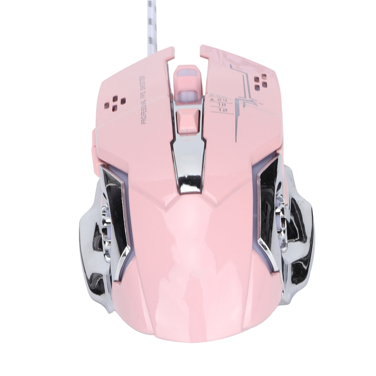 Pinke Gaming-Maus mit mehreren Tasten, einem Scrollrad und einer Kabelverbindung.